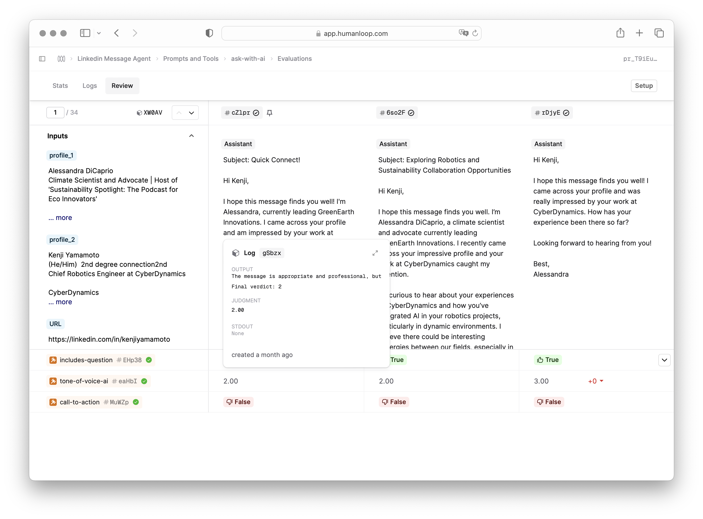 Comparison Mode Improvements - eval log details