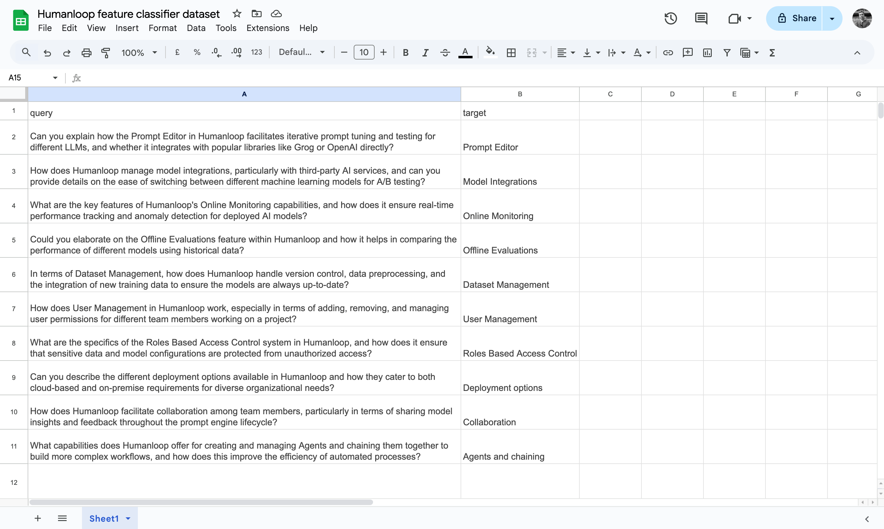 A CSV file in Google Sheets defining query and target pairs for our Classifier Prompt.