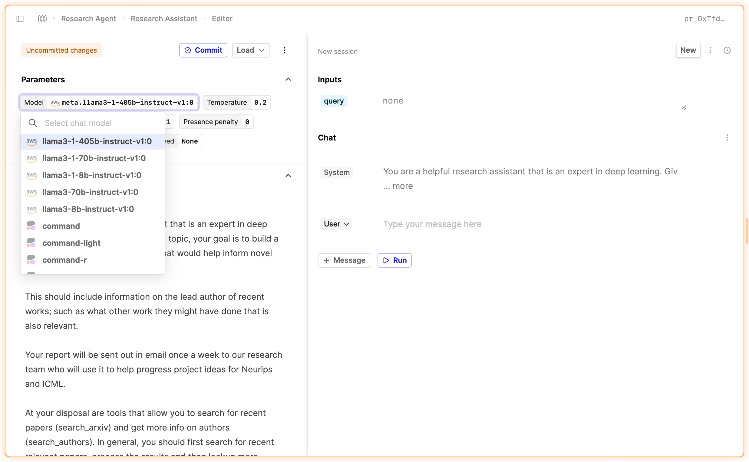 AWS Bedrock Llama models in model selection dropdown in a Prompt Editor on Humanloop