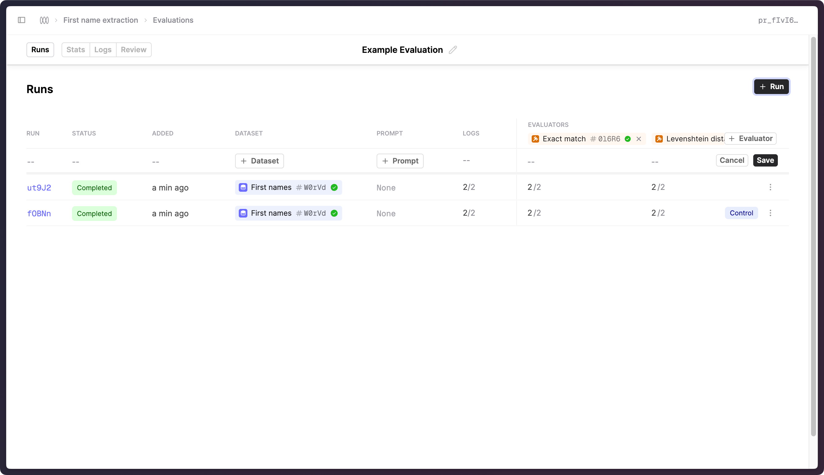 Evaluation Runs table