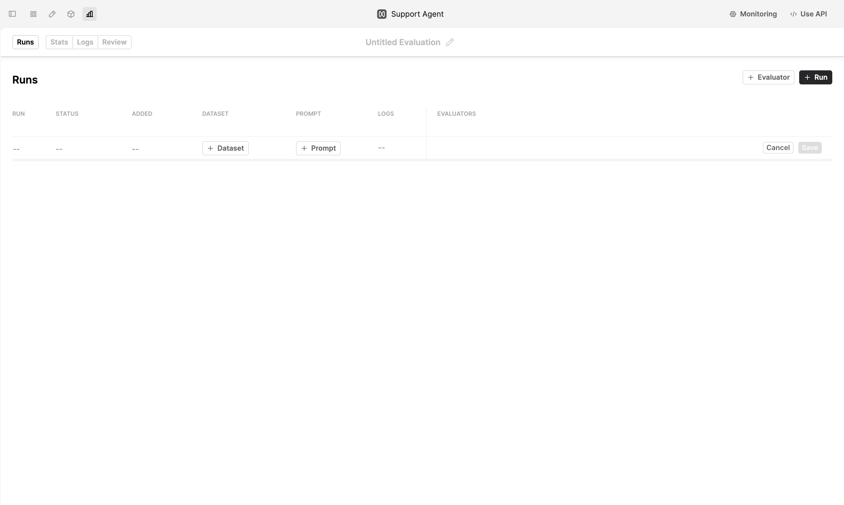Prompt Evaluations Run tab.