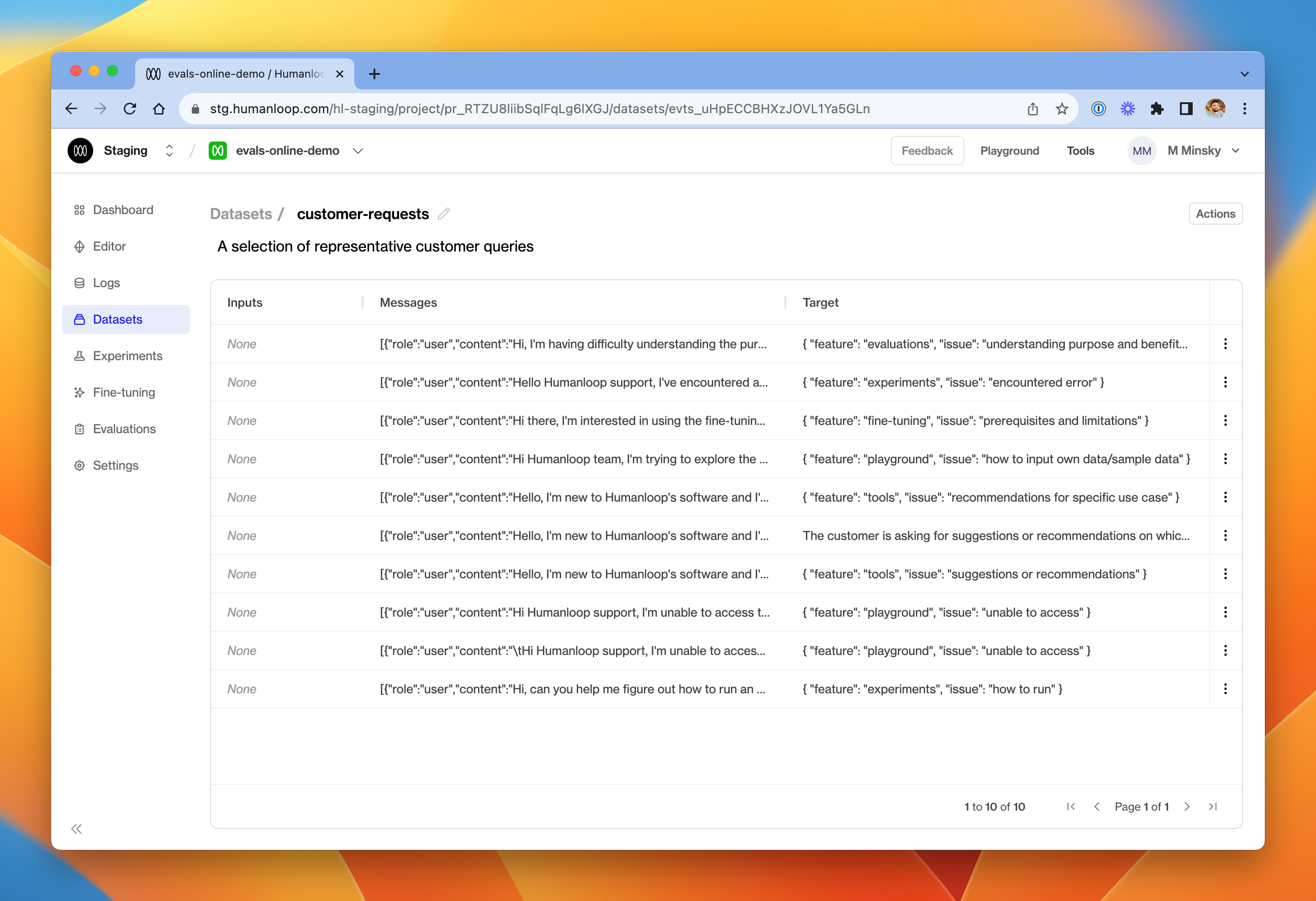 The newly created dataset, containing datapoints converted from existing logs in the project.