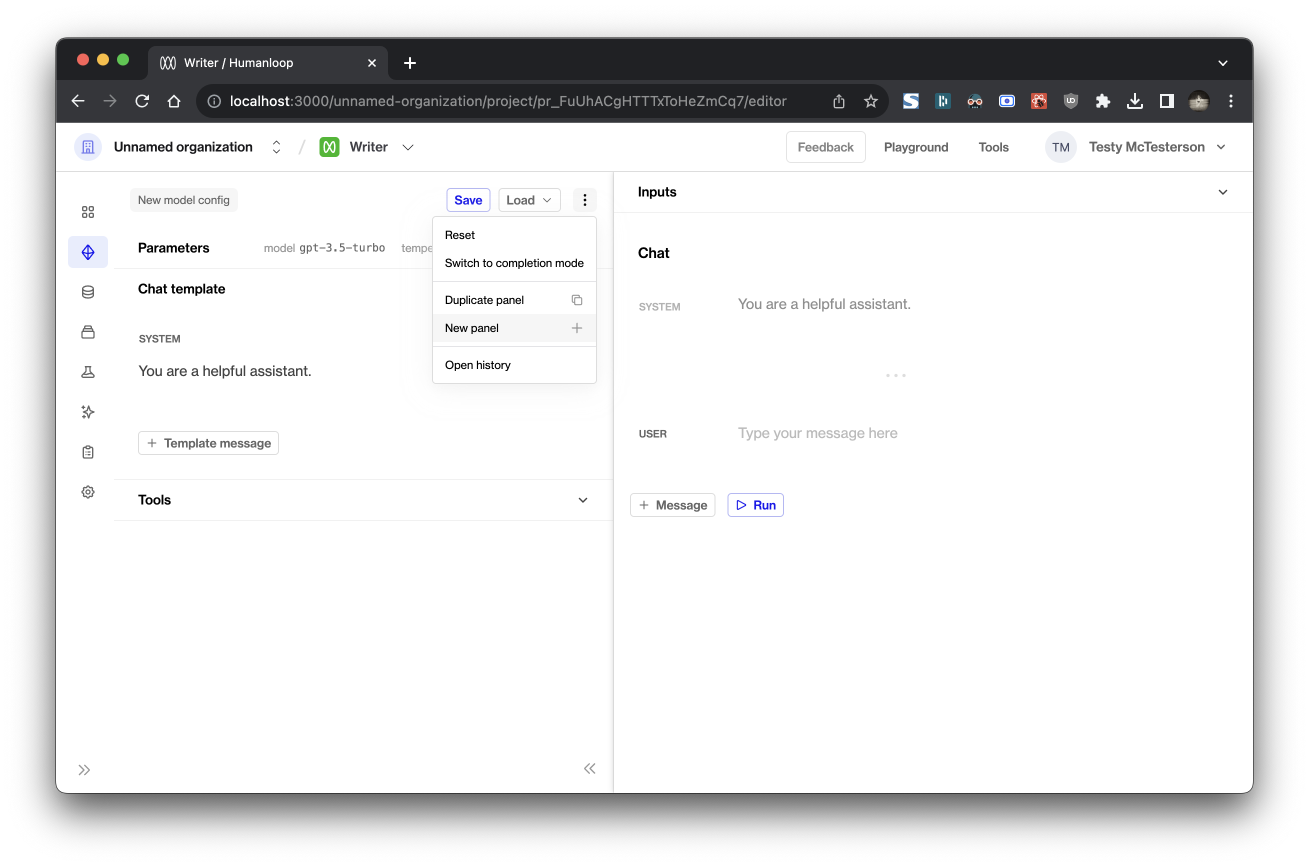 Clicking **New panel** in the dropdown menu...