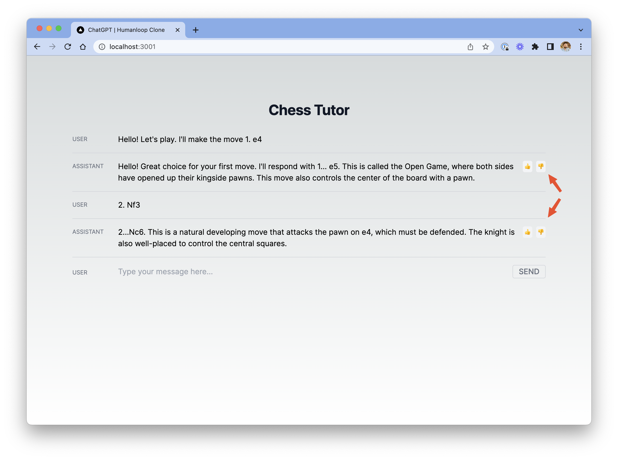 Chat interface with feedback buttons.