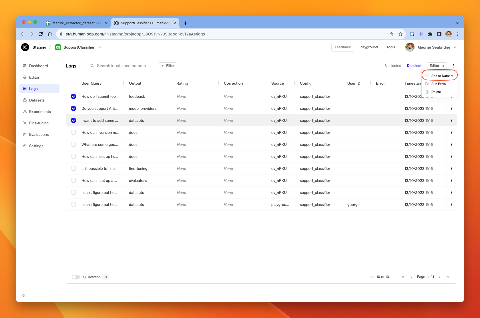 Select some logs and then click **Add to Dataset**