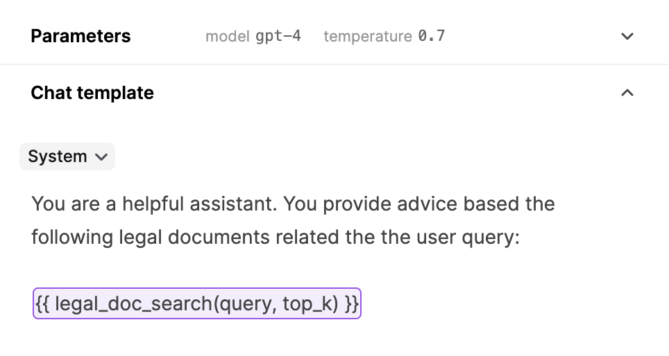 Example of a Tool being used within a Prompt template. This example will mean that this Prompt needs two inputs to be supplied (`query`, and `top_k`)