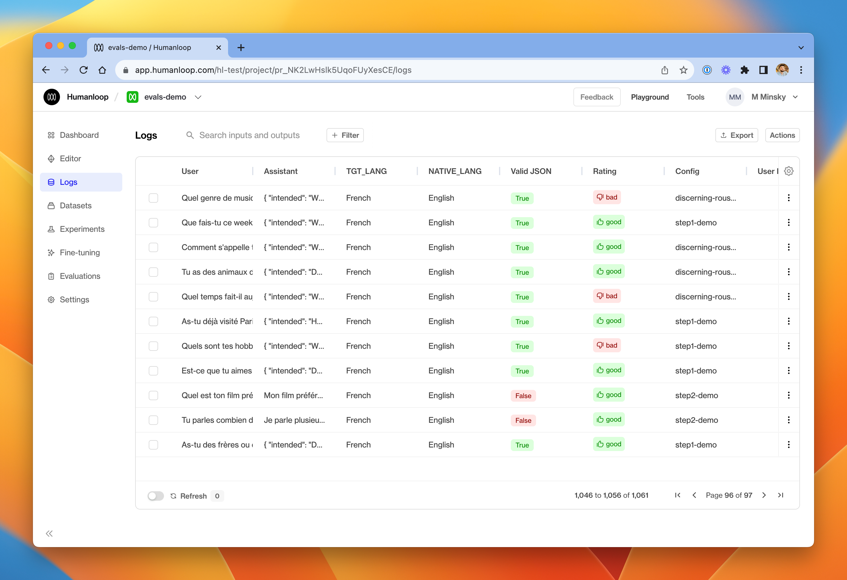The **Logs** table includes a column for each activated evaluator in your project. Each activated evaluator runs on any new logs in the project.