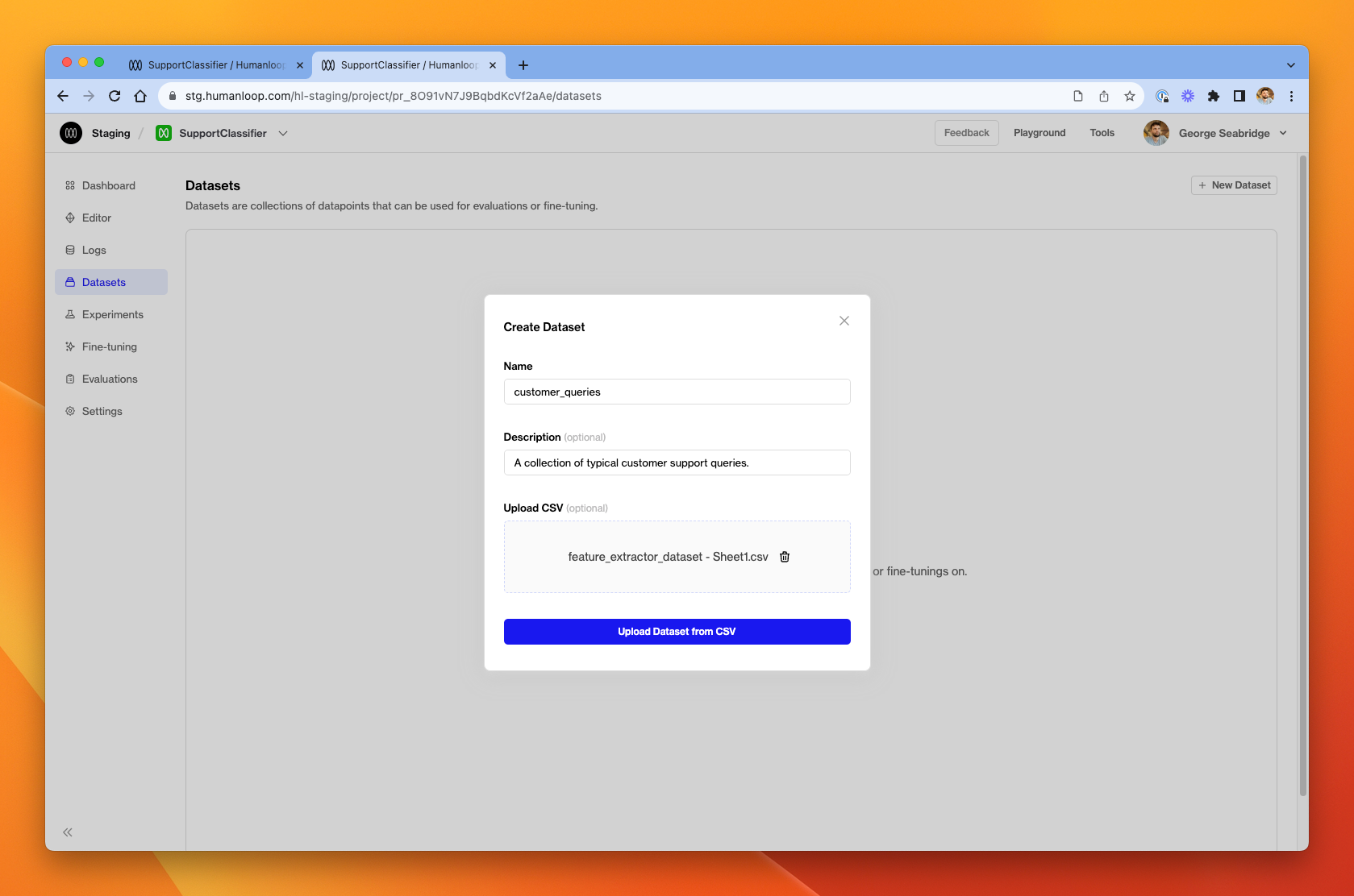 Uploading a CSV file to create a dataset.