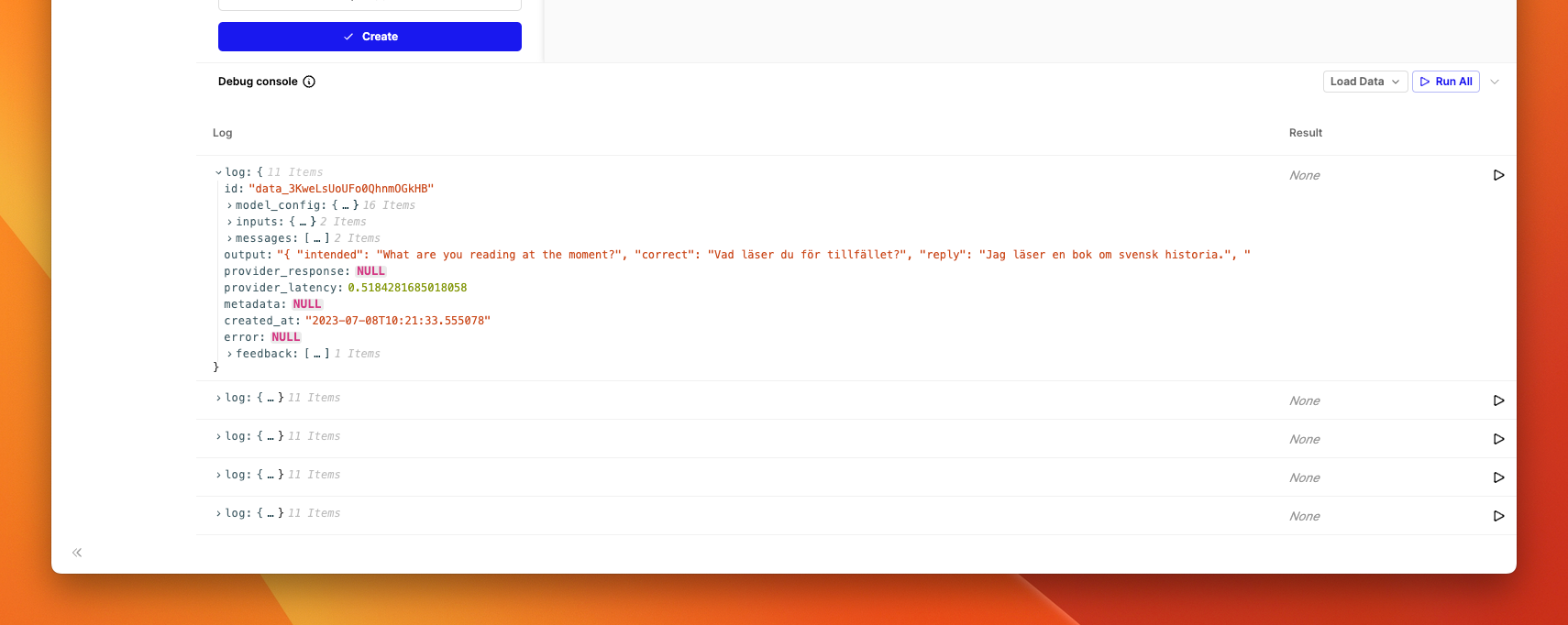 The debug console (you can resize this area to make it easier to view the logs)