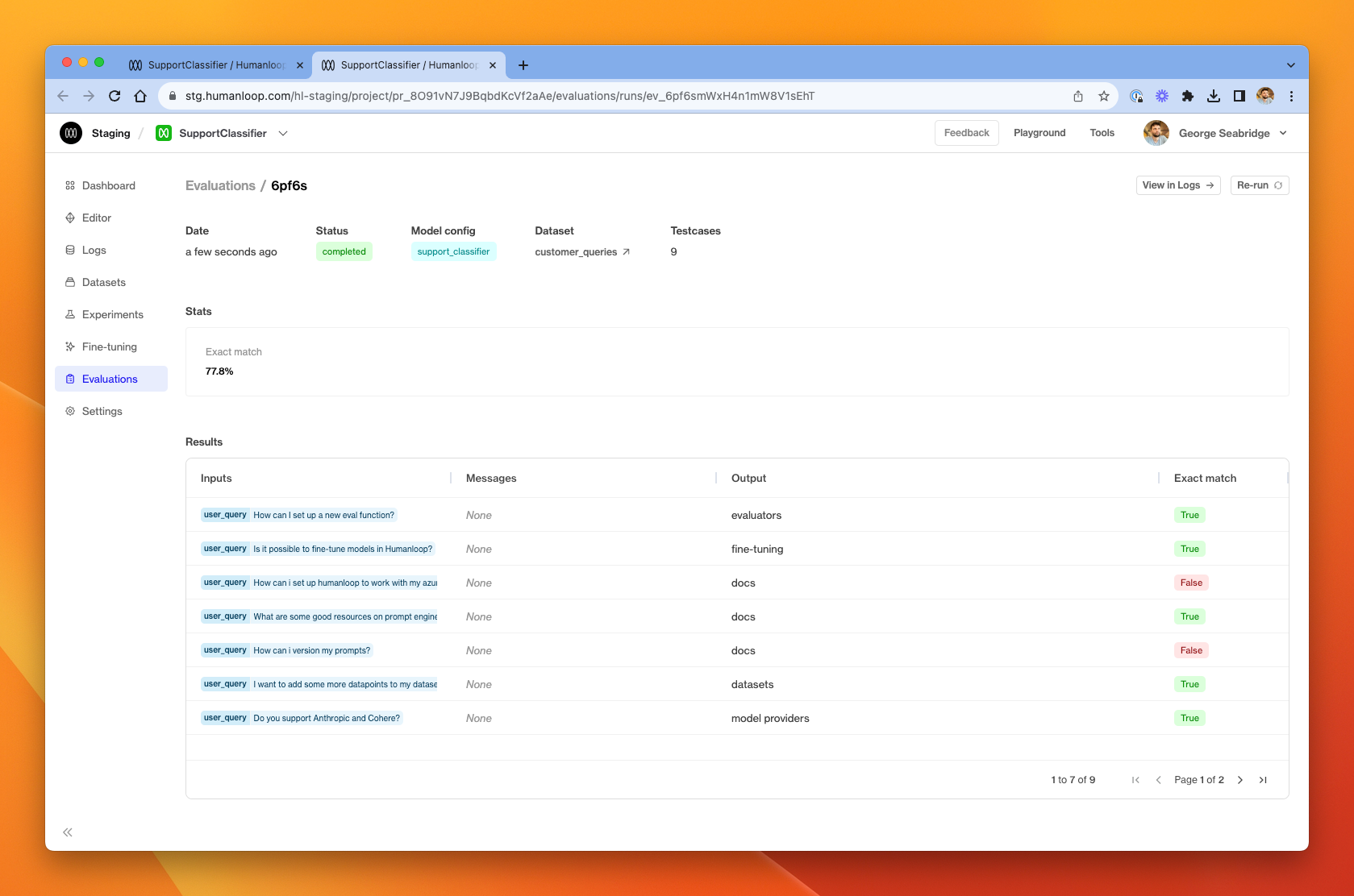 The batch generate output view, including an **exact match** evaluator.