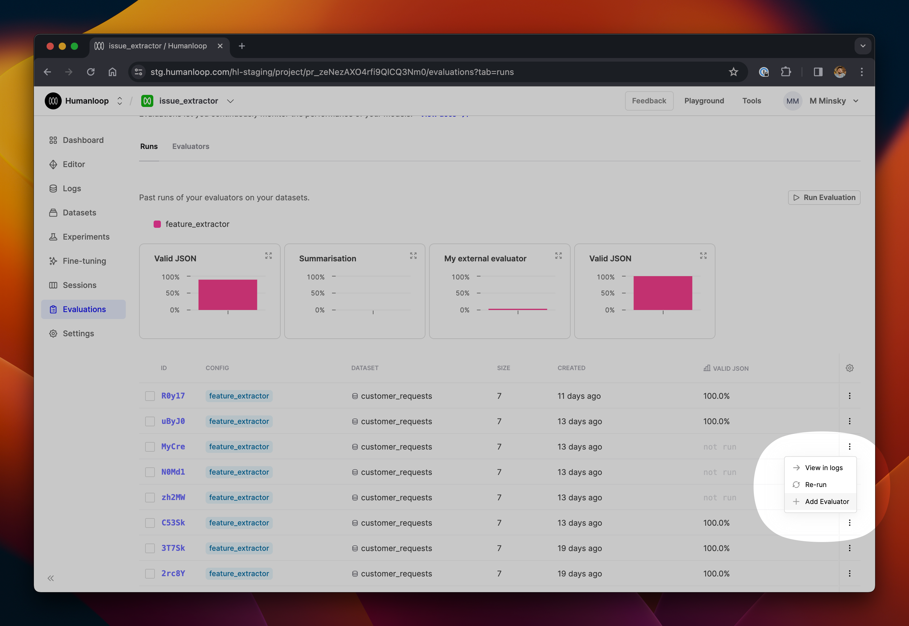 Use the **Add Evaluator** button to run more evaluators across the logs in an existing evaluation run. This can be done on any runs, including those still running or already completed.