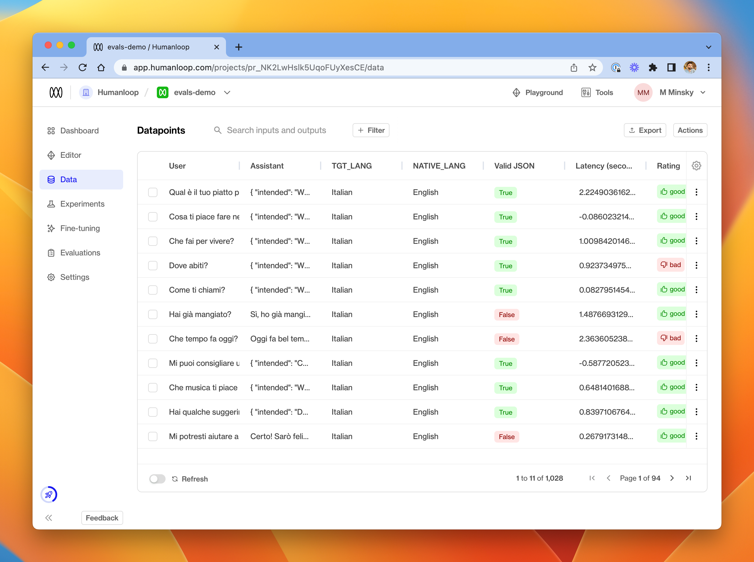 The **Data** tab for a project, showing the **Valid JSON** Evaluation Results for a set of datapoints.
