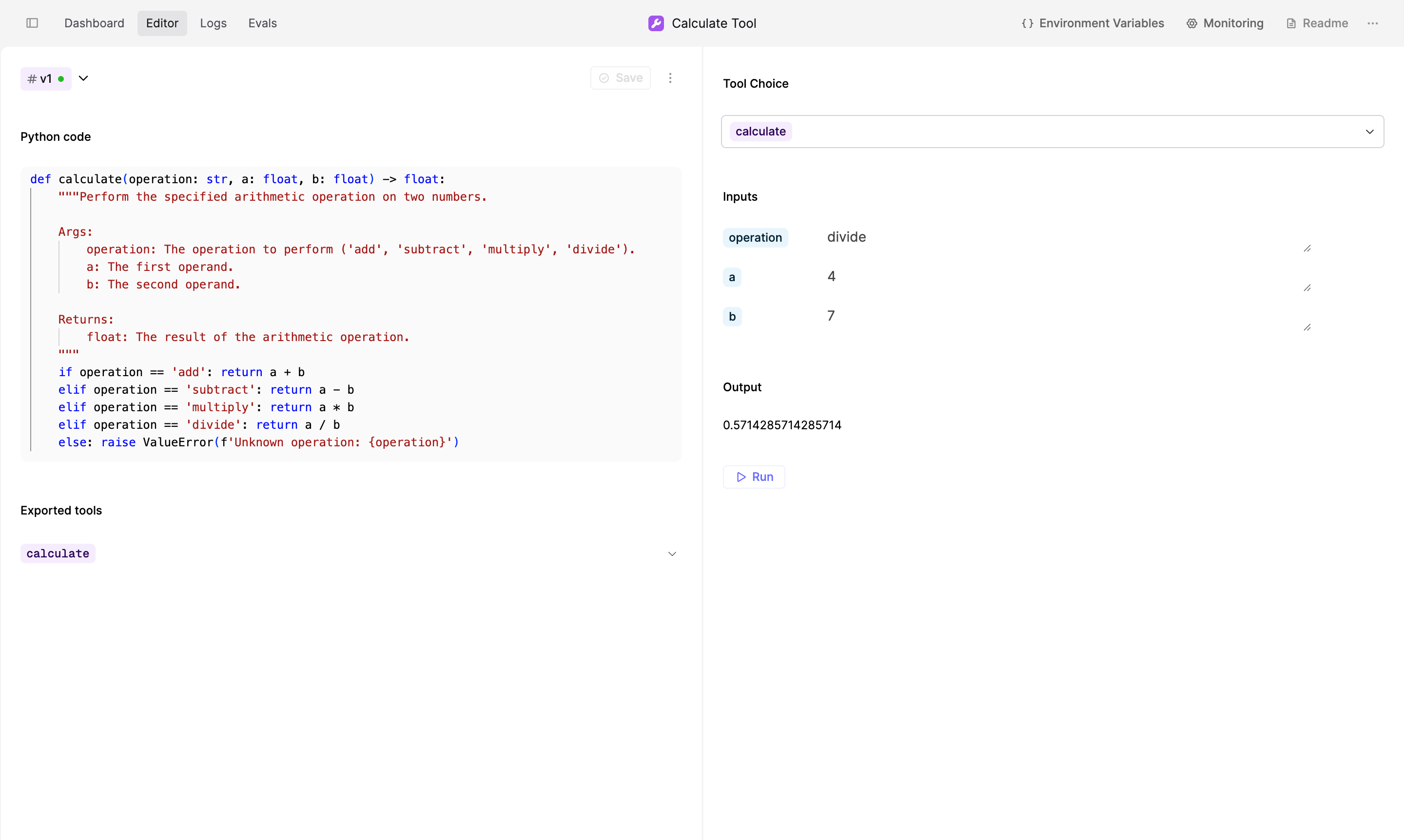 Editor for a Python Tool showing a `calculate` function and a calculation output.