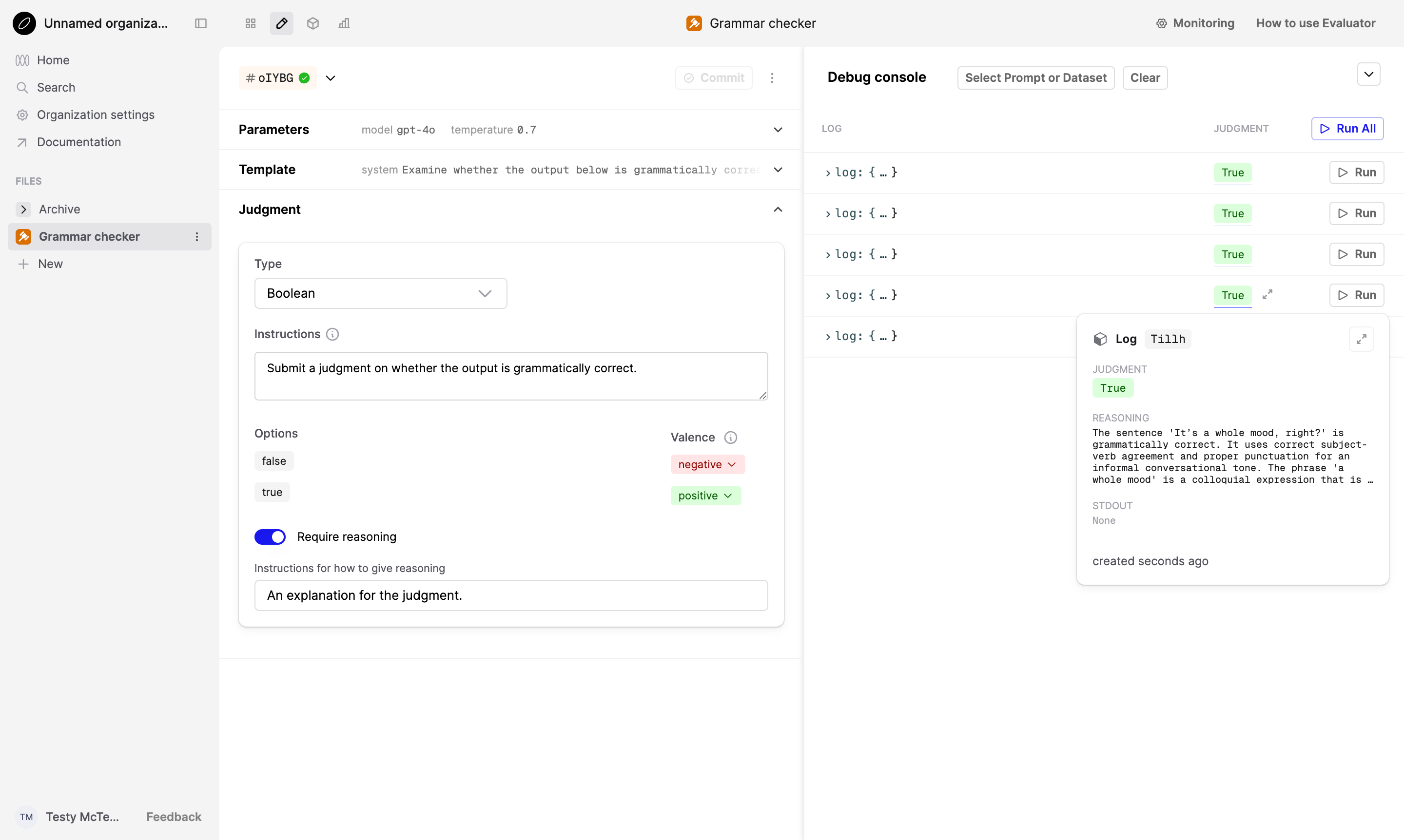 AI Evaluator Editor with function calling