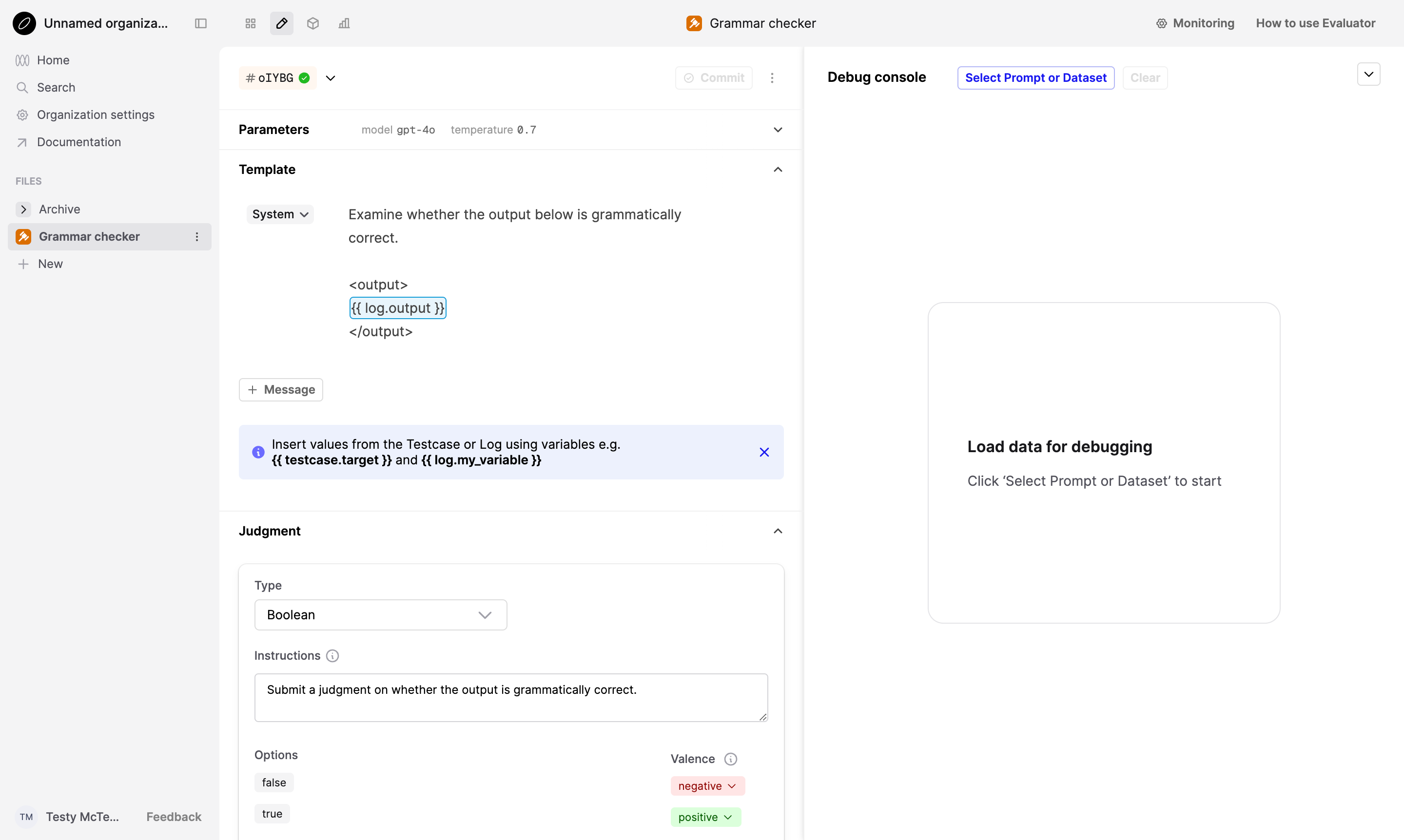 AI Evaluator Editor with function calling