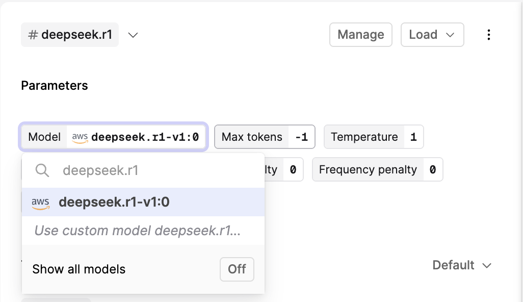 Screenshot showing DeepSeek R1 through AWS Bedrock in Model Selection Dropdown