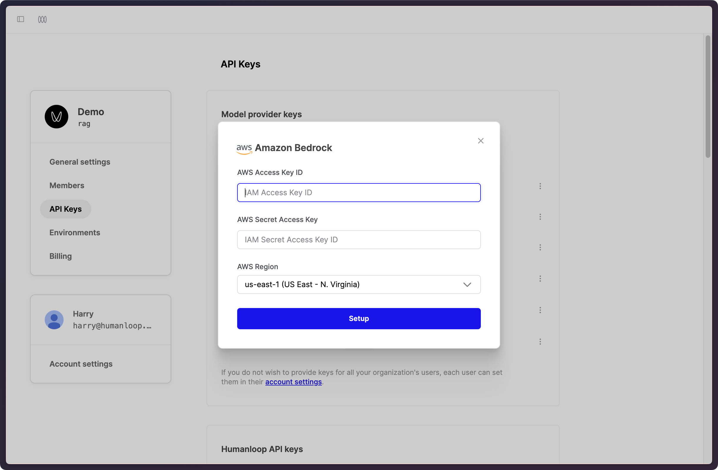 Bedrock keys dialog in Humanloop app