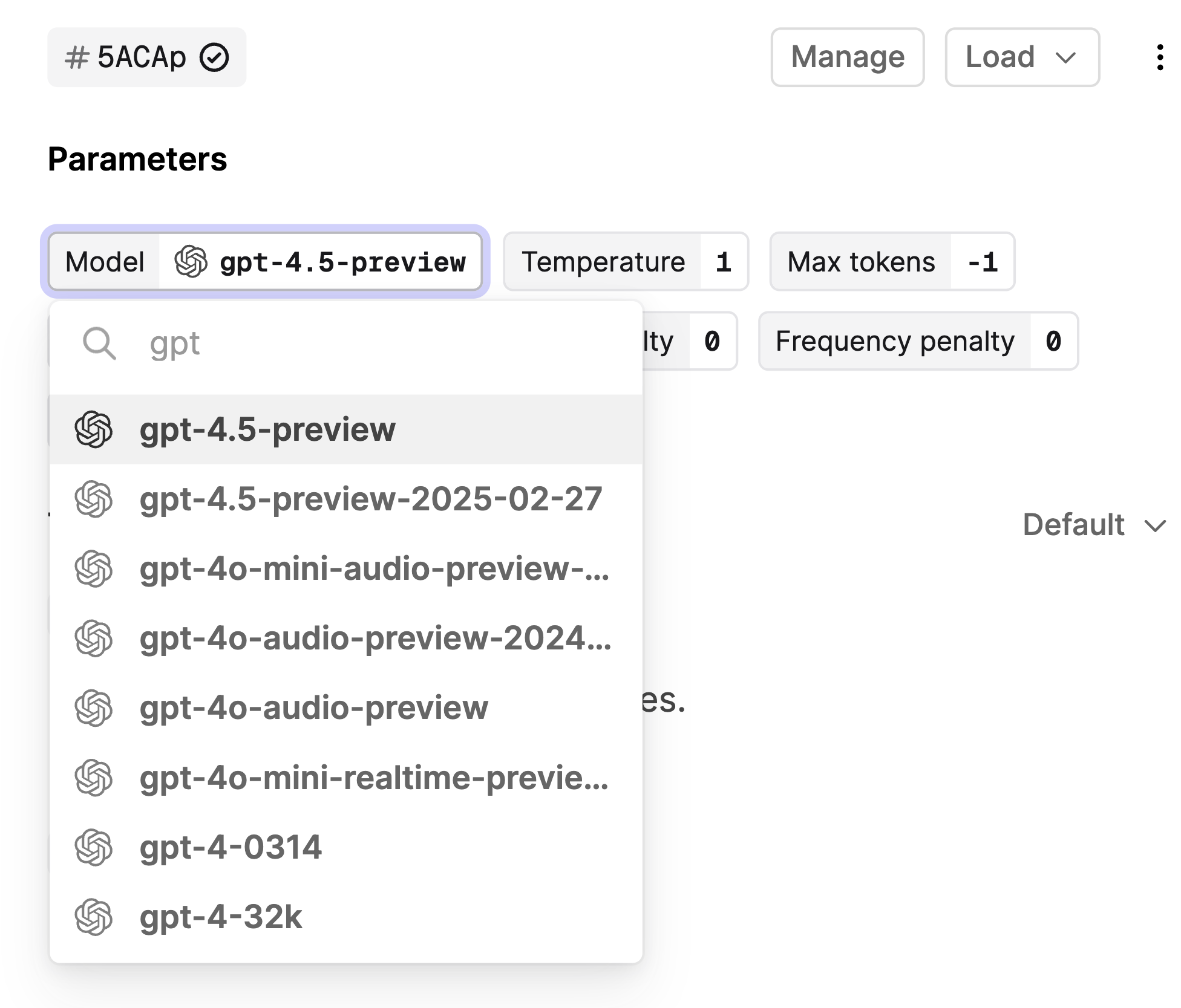 Screenshot showing GPT 4.5 Preview