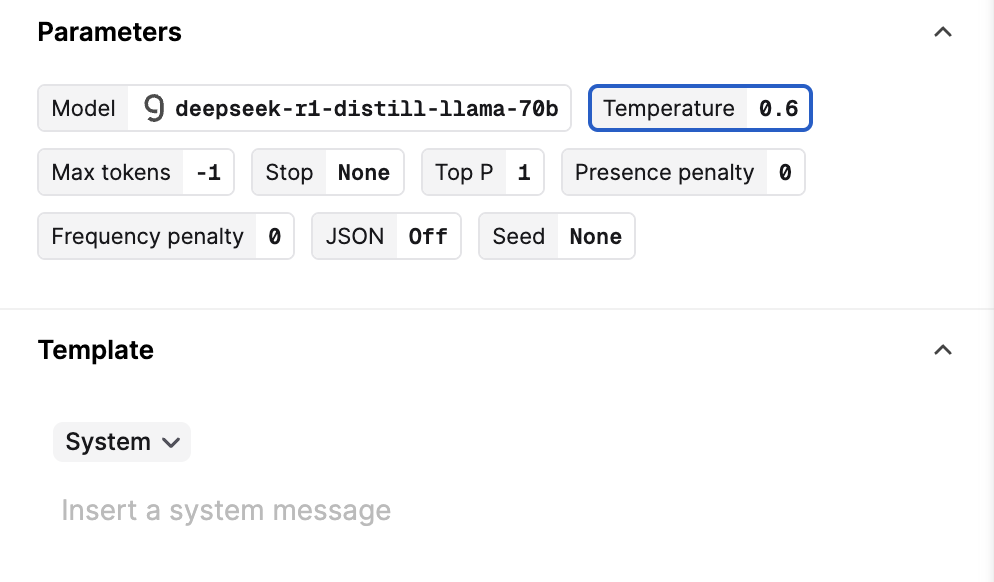 Screenshot showing parameters for the DeepSeek-R1-Distill-Llama-70B
model