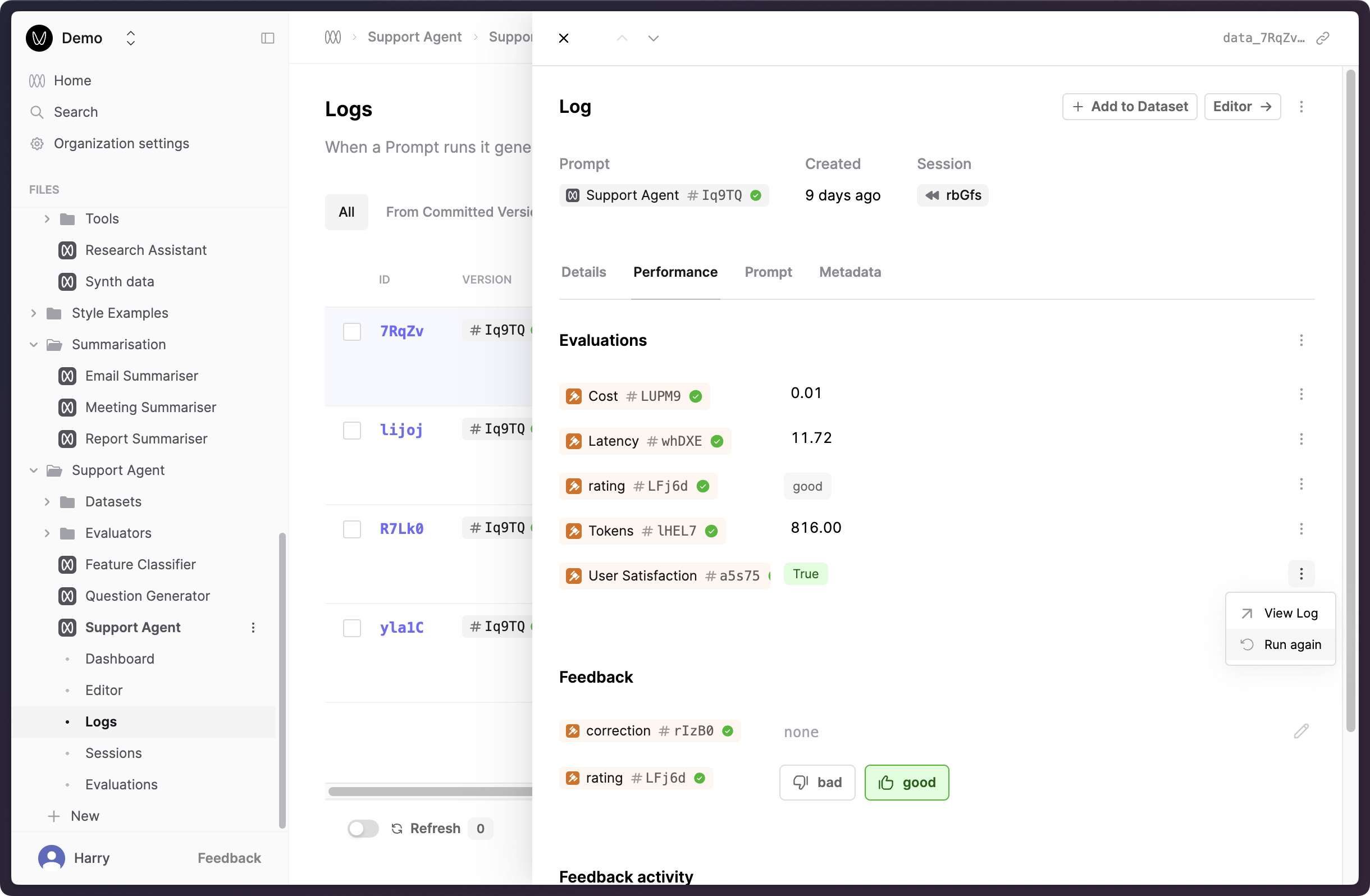 Log drawer's Evaluation tab with the "Run again" menu open