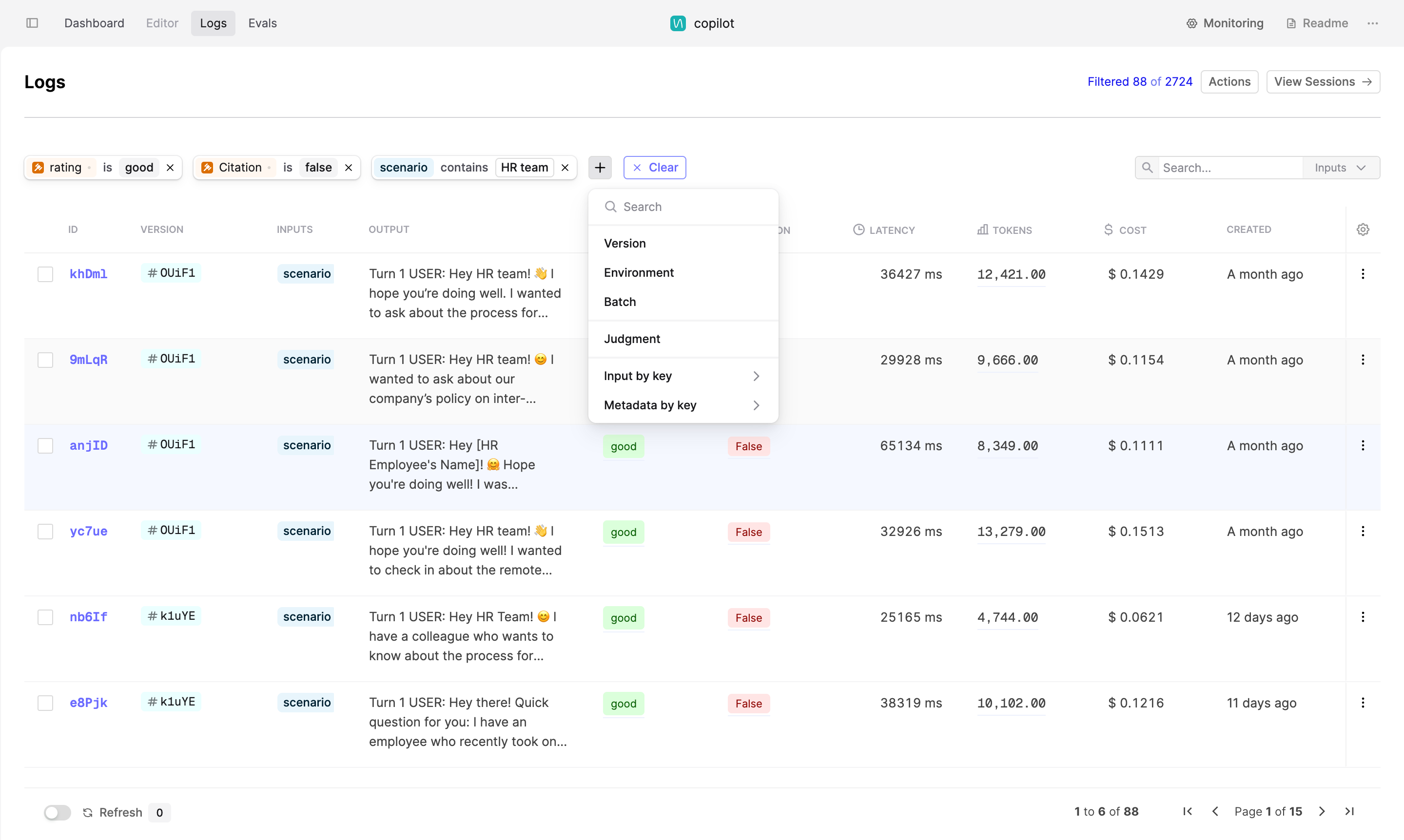 Screenshot showing the new filters in the Logs tab