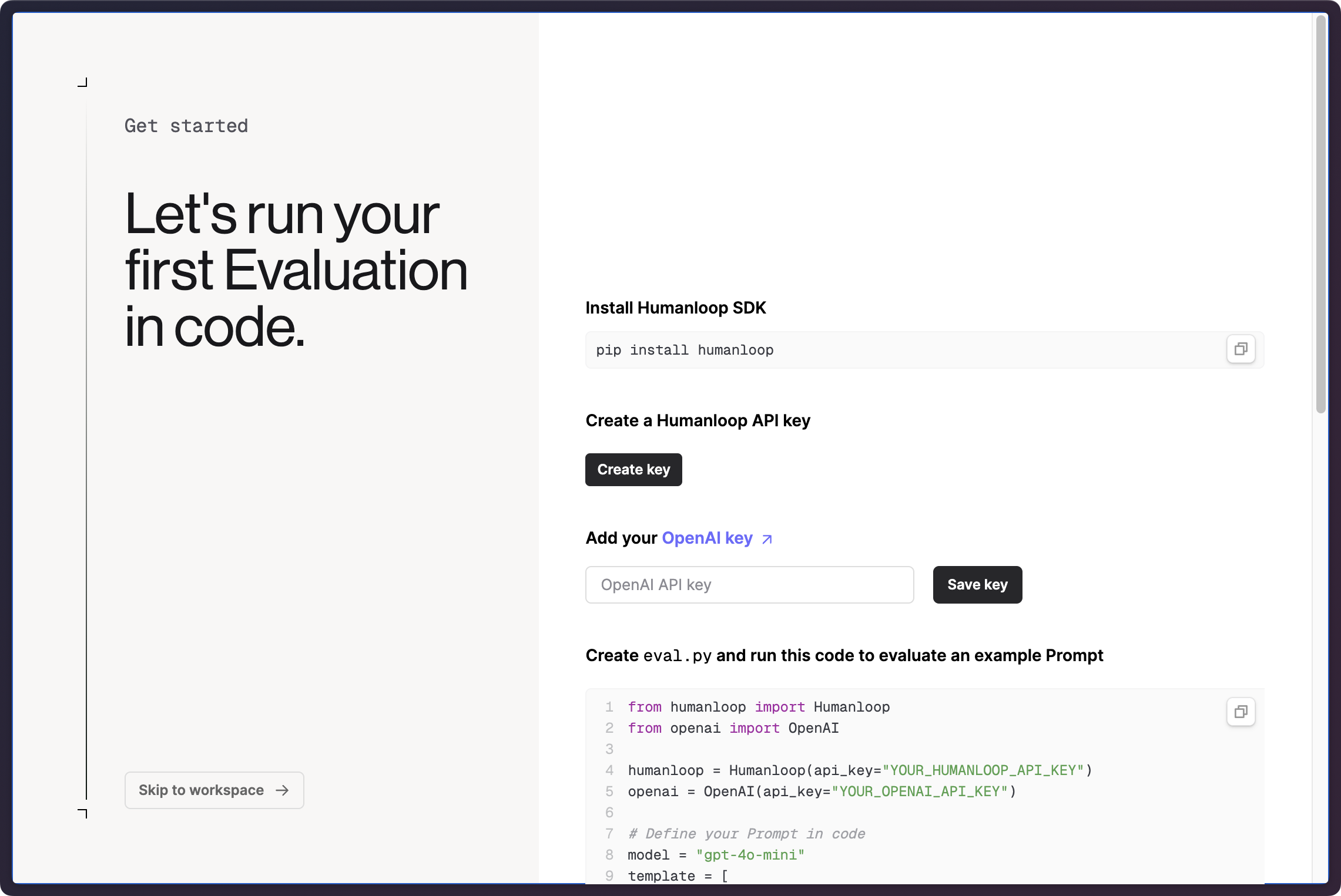 Onboarding wizard with code snippet