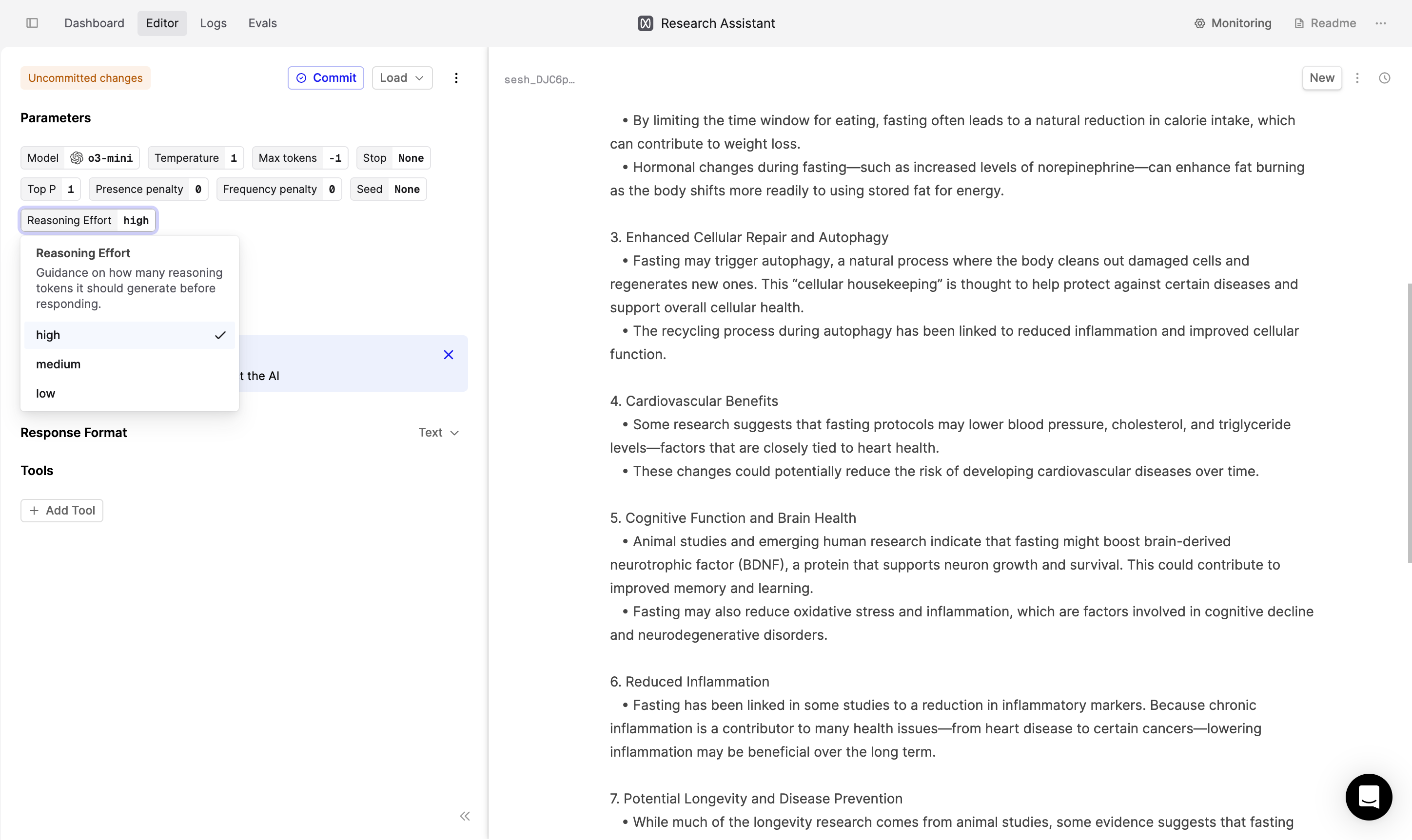 Screenshot showing reasoning effort in the Editor