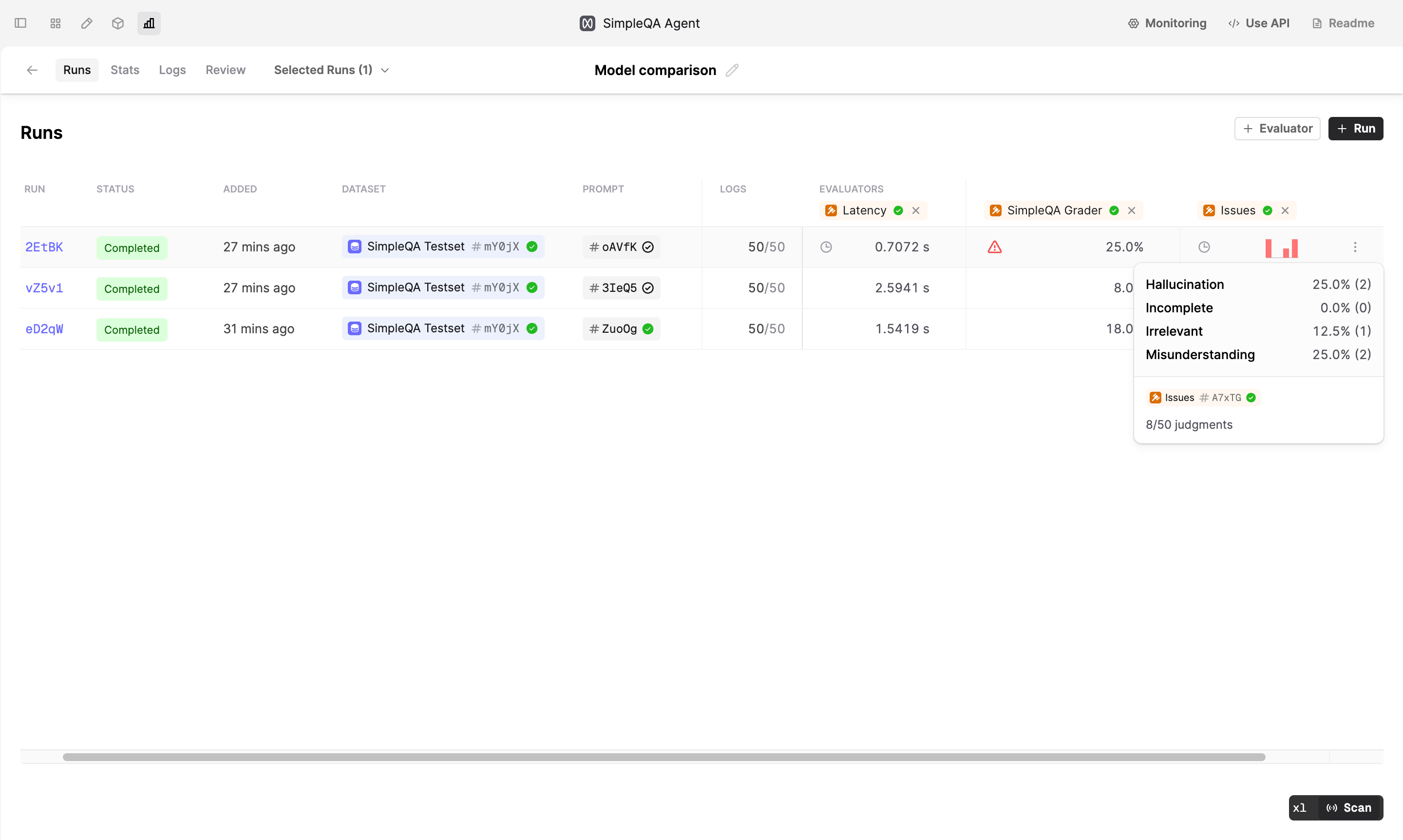 Run stats with a tooltip showing breakdown for an Issues
Evaluator