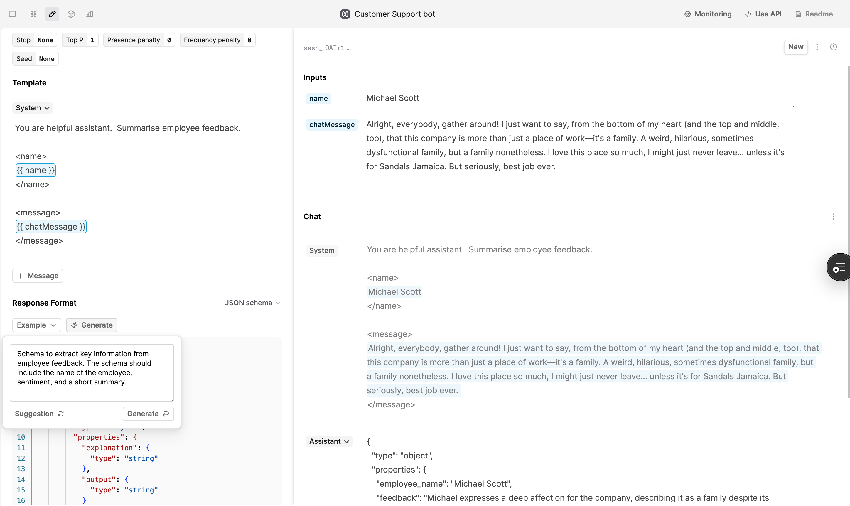Screenshot showing structured outputs in the Editor