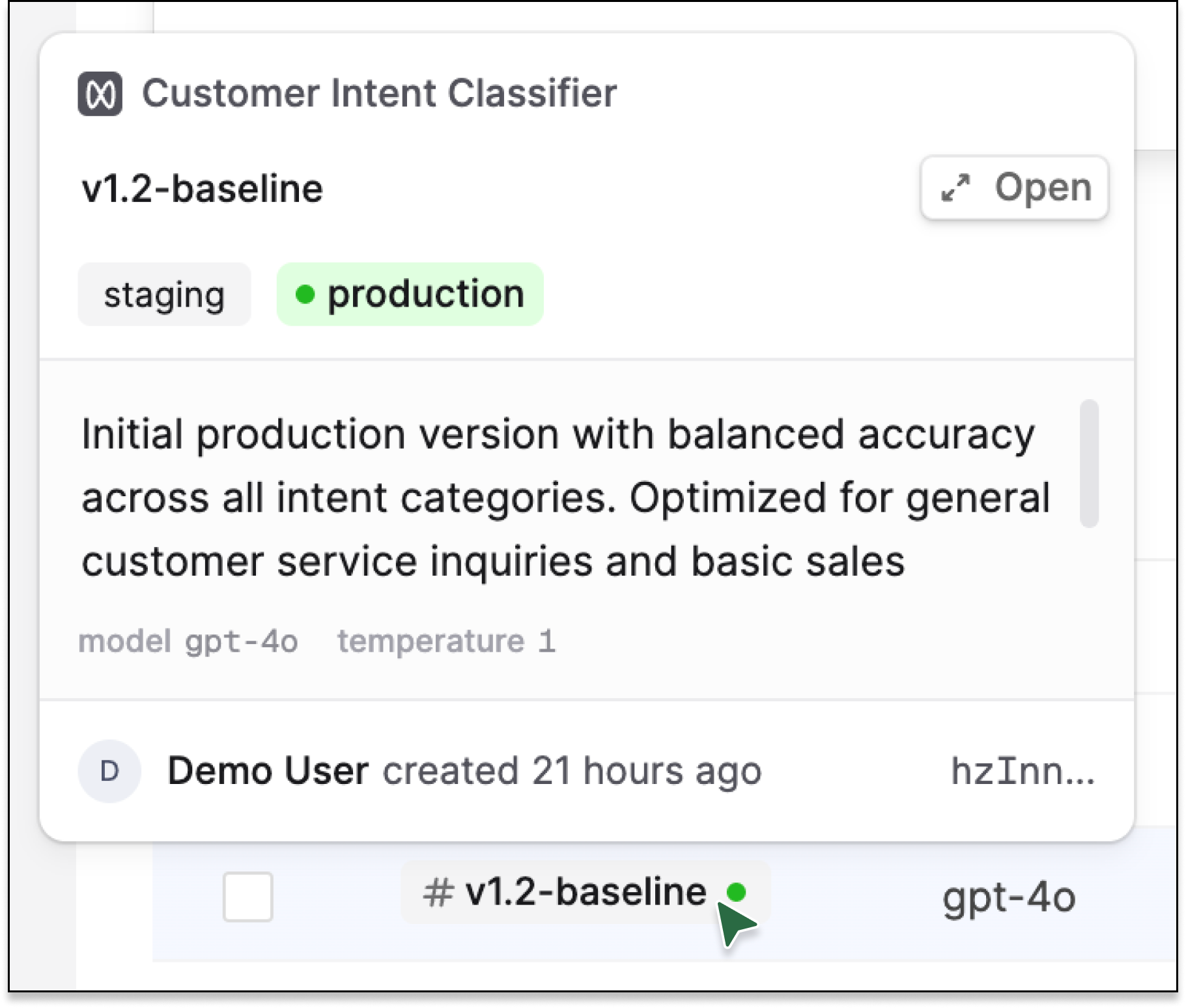 Screenshot showing the version details
popover