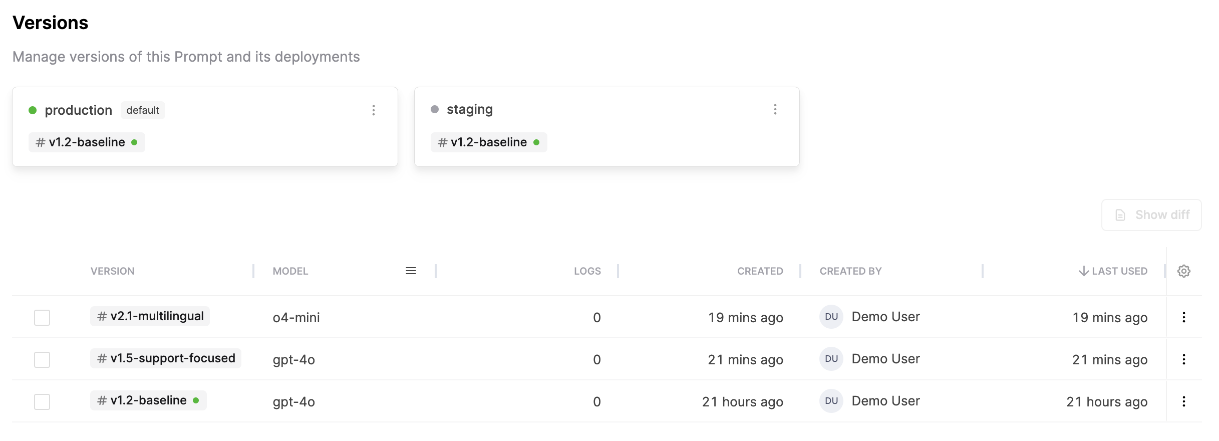 Screenshot showing version names in the
UI
