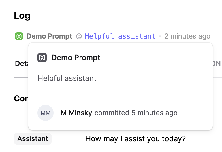 Prompt Version popover in the Logs slideover