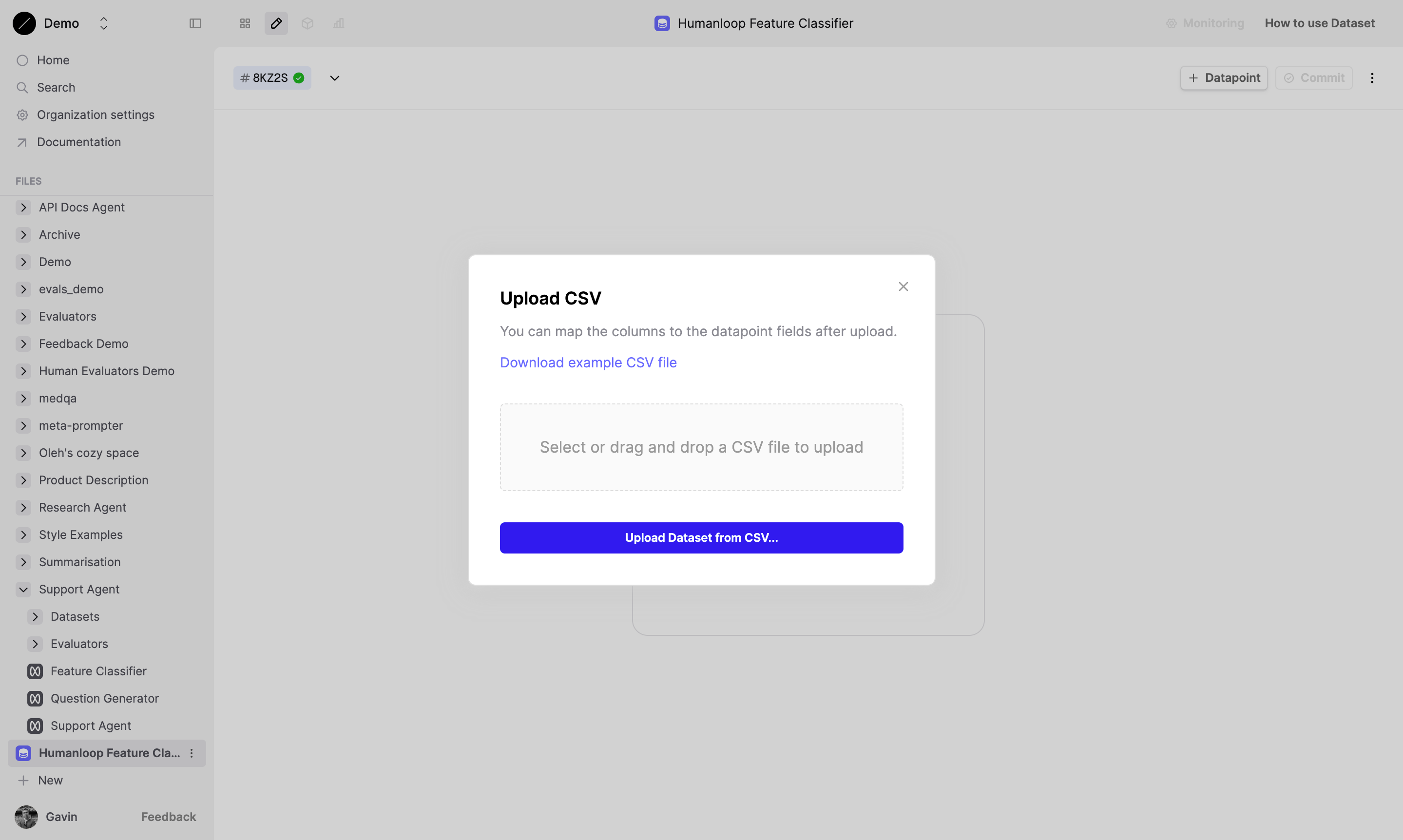 Uploading a CSV file to create a dataset.