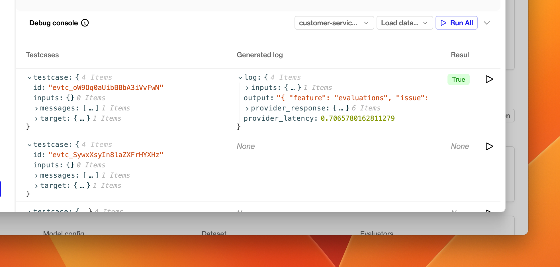 The debug console. Use this to load test datapoints from a dataset and perform debug runs with any model config in your project.