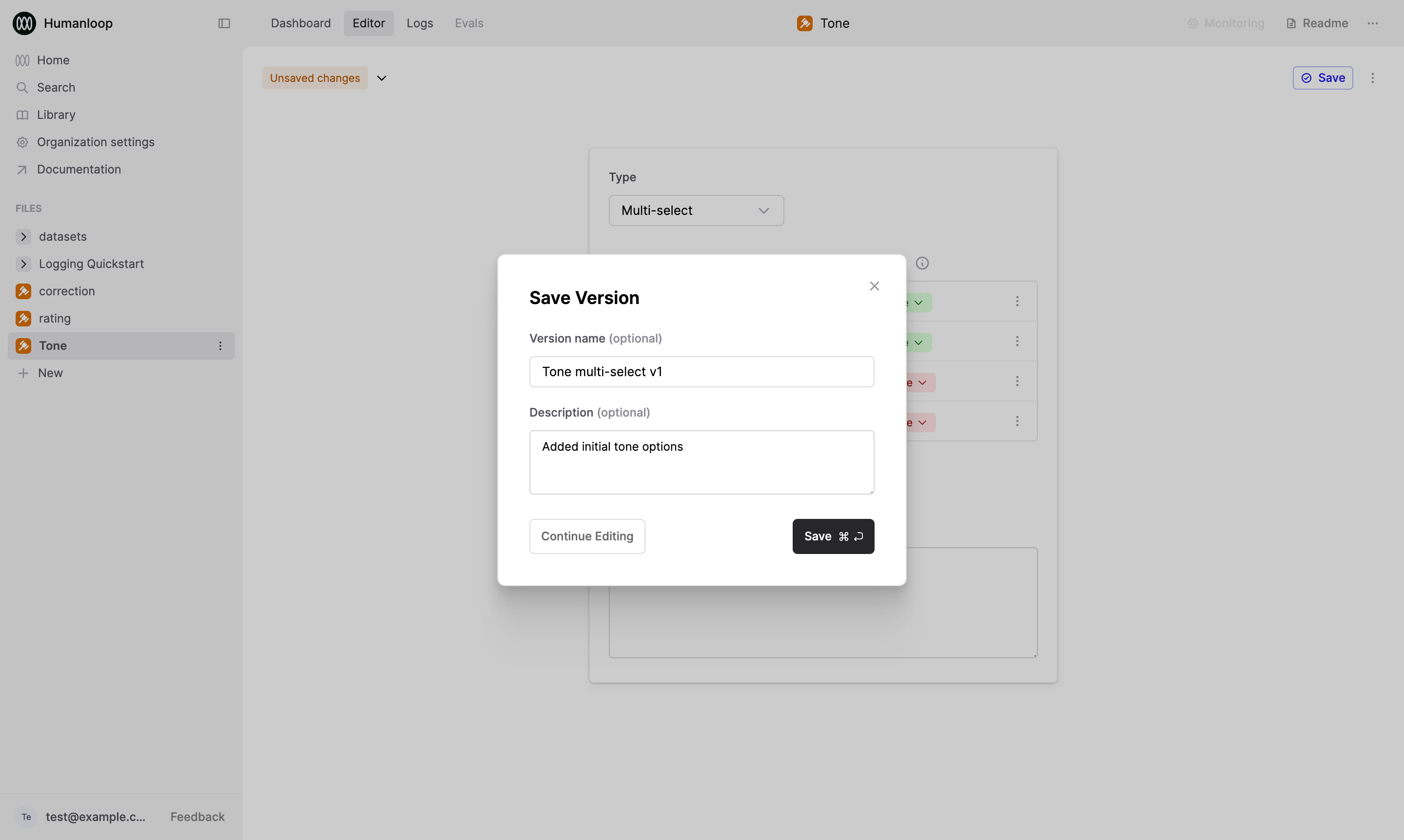 Save dialog over the "Tone" Evaluator
