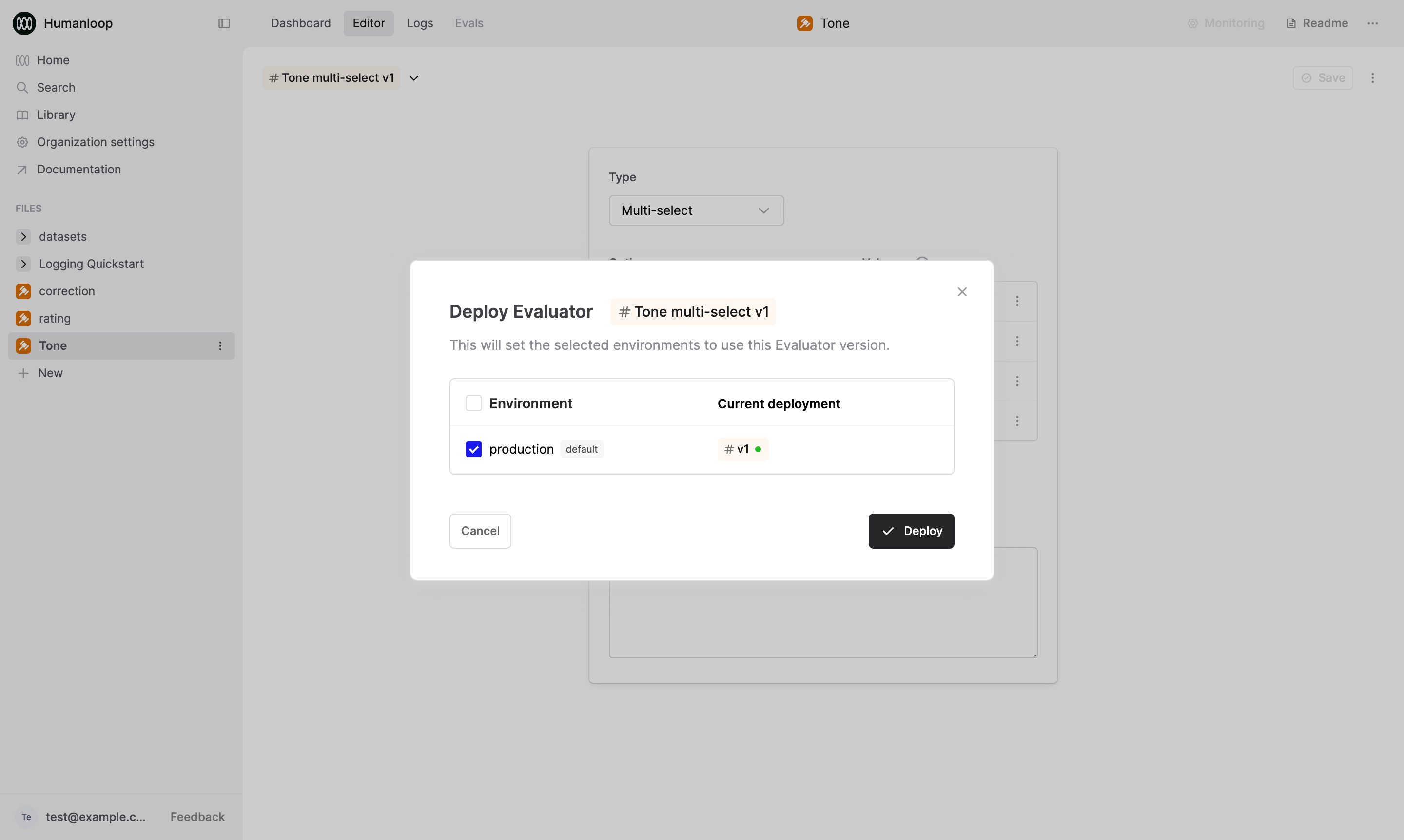 Dialog deploying the "Tone" Evaluator to the "production" Environment