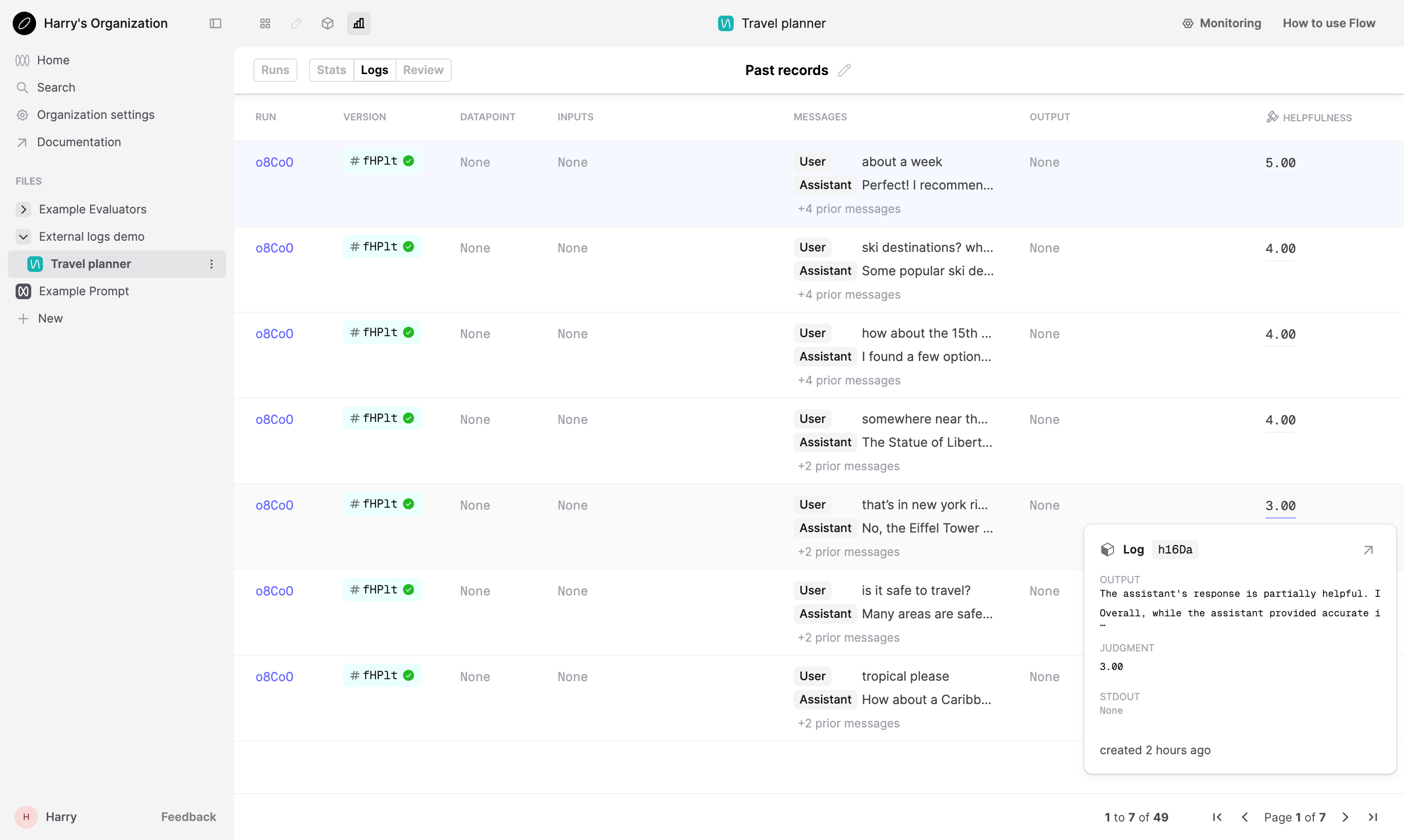 Logs tab of Evaluation
