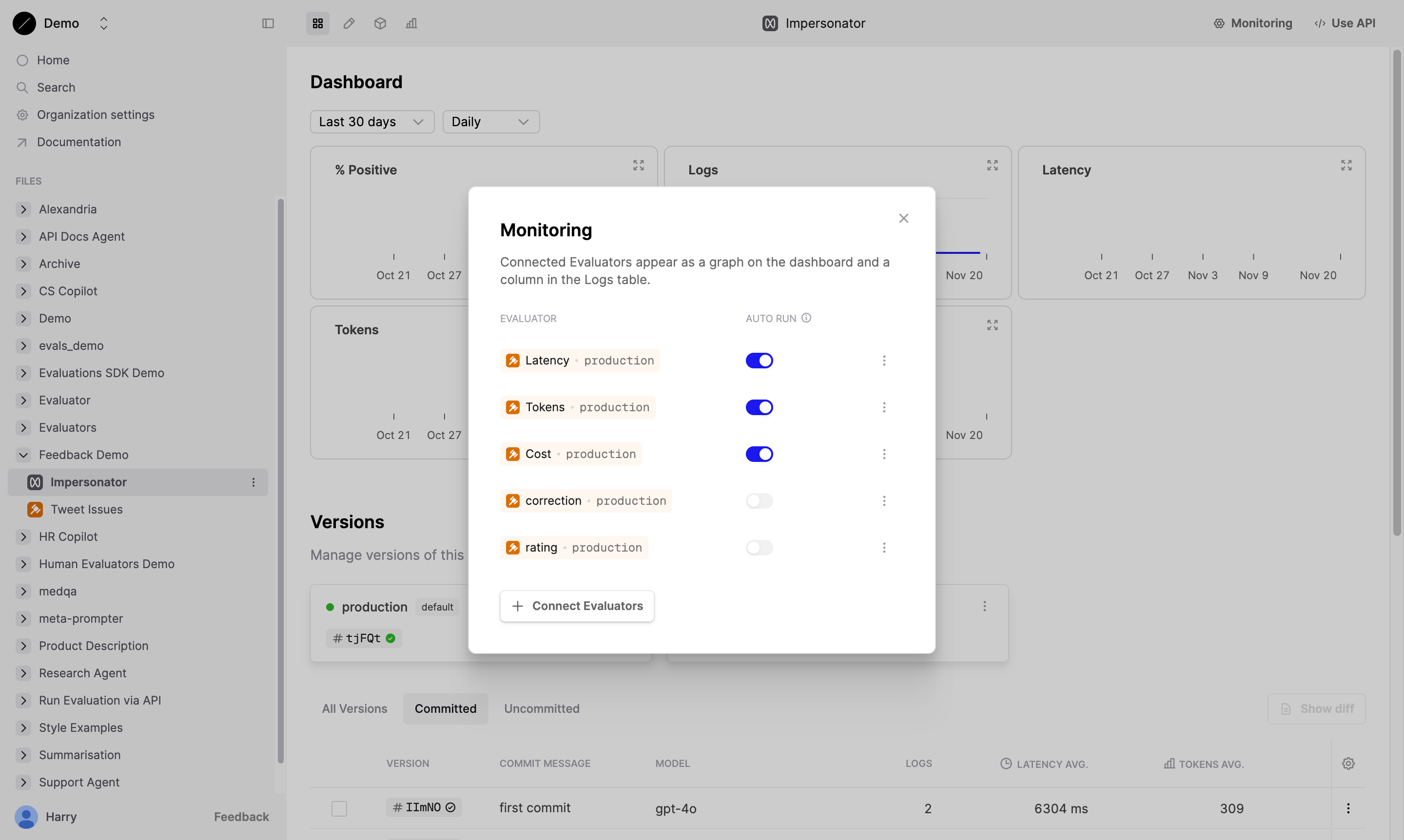 Prompt dashboard showing Monitoring dialog