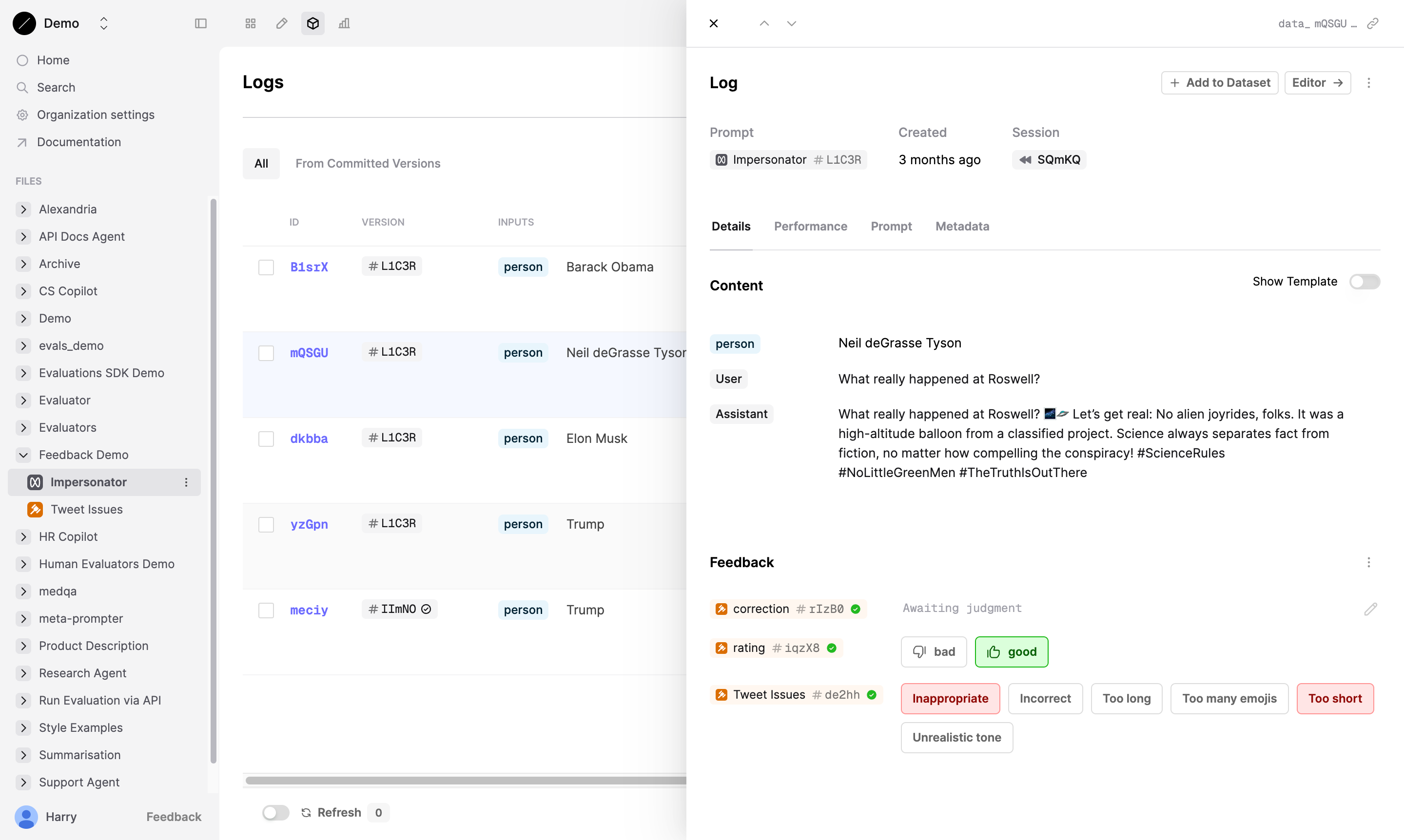 Log drawer showing feedback section