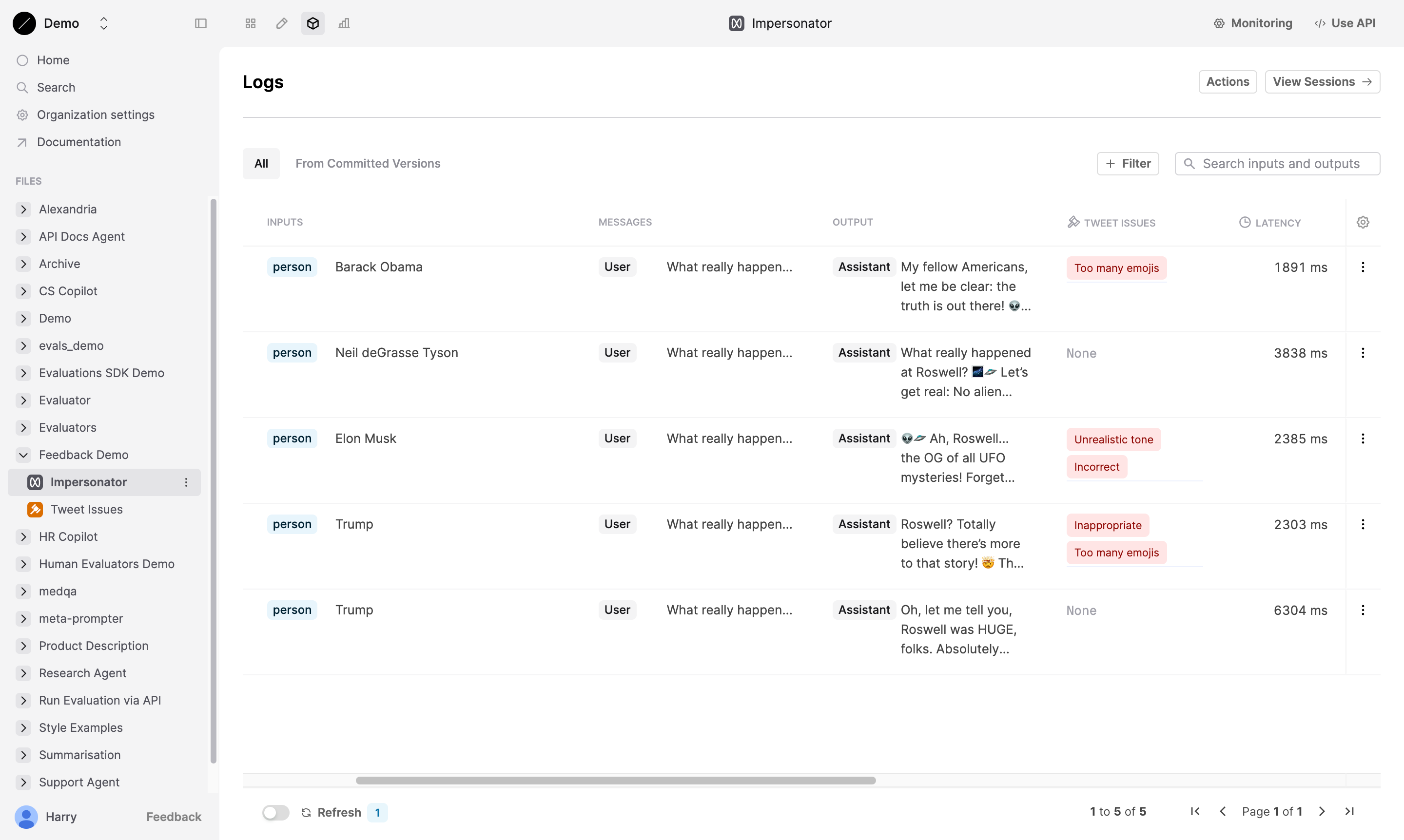 Logs table showing feedback applied to Logs