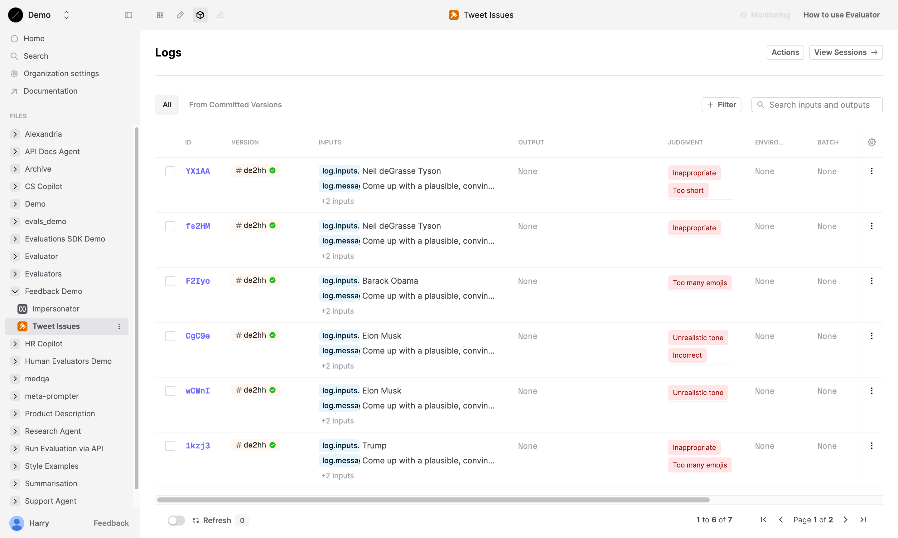 Logs table for "Tweet Issues" Evaluator showing feedback