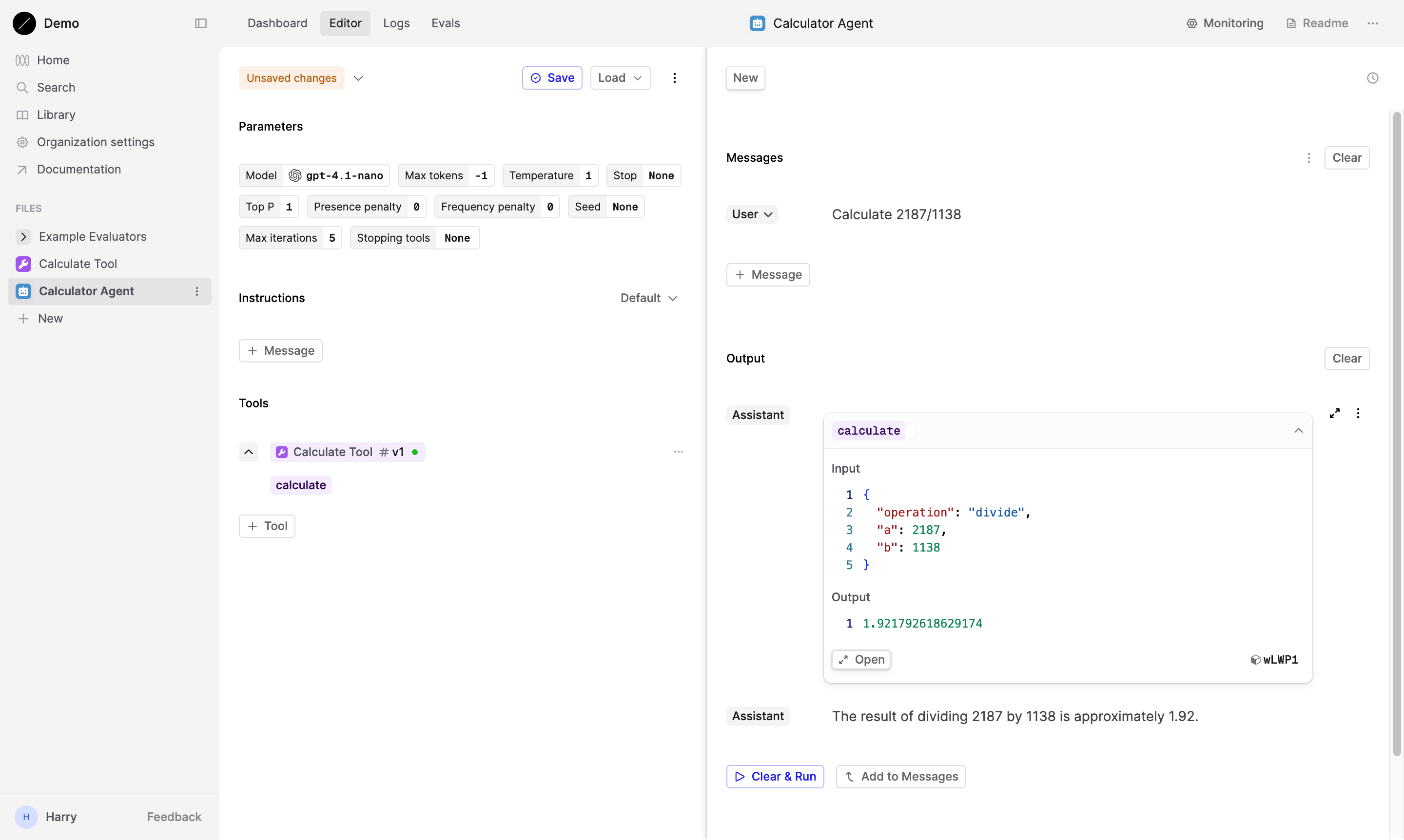 Agent Editor with a Calculator Tool linked. The Tool is called by the Agent and the results are shown.