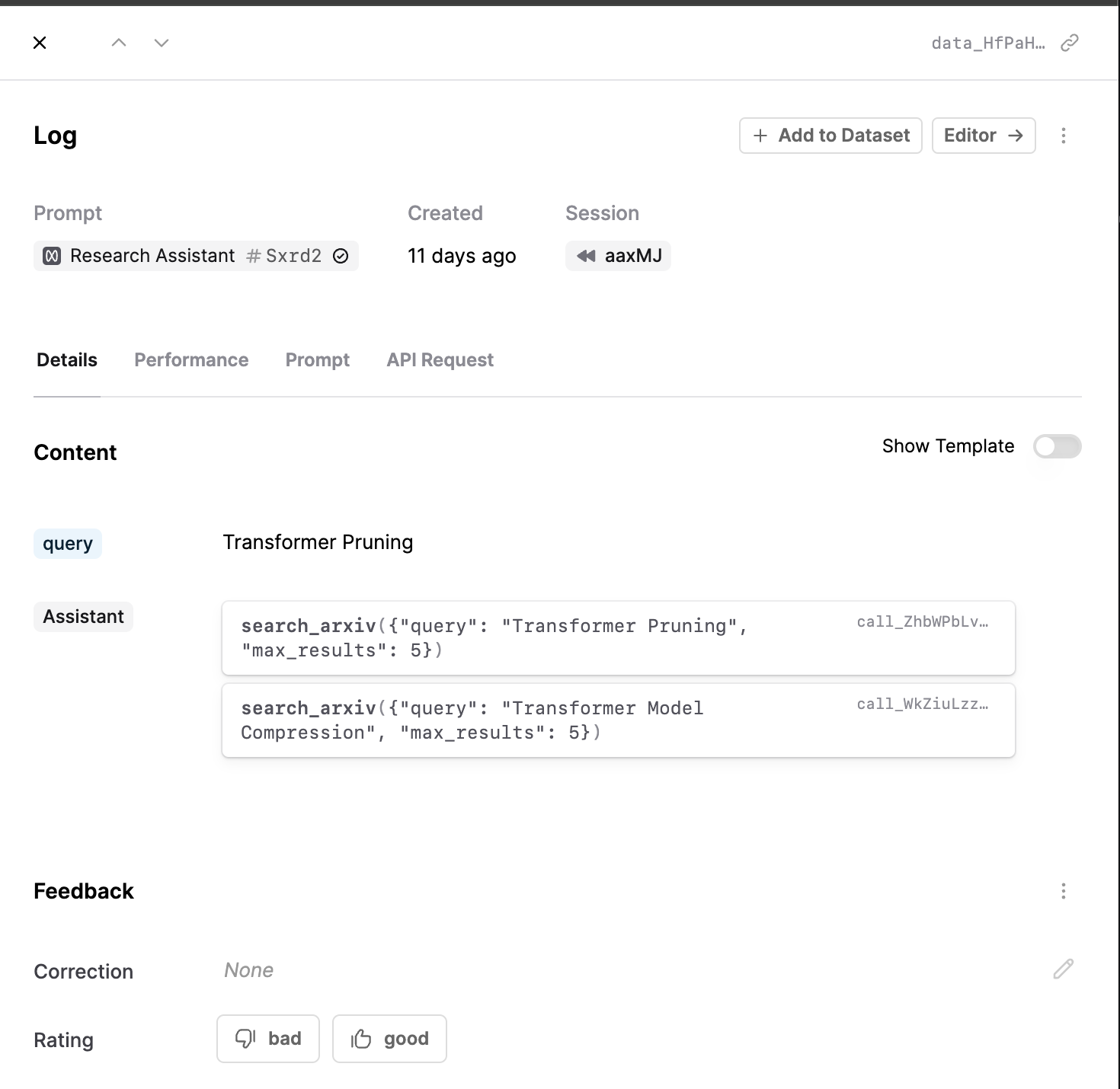 A Log which contains an input query