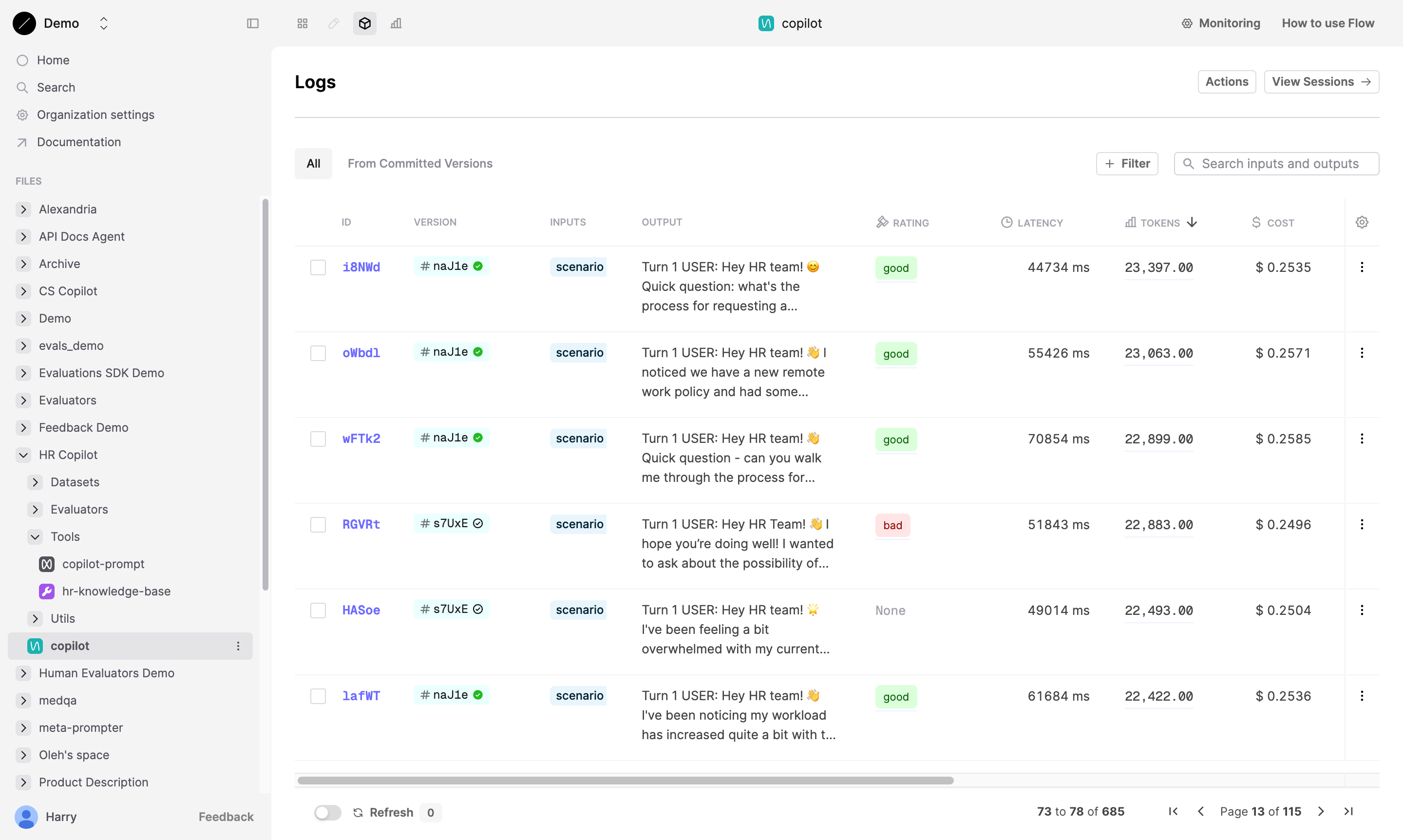 The Logs table includes a column for each monitoring Evaluator.
