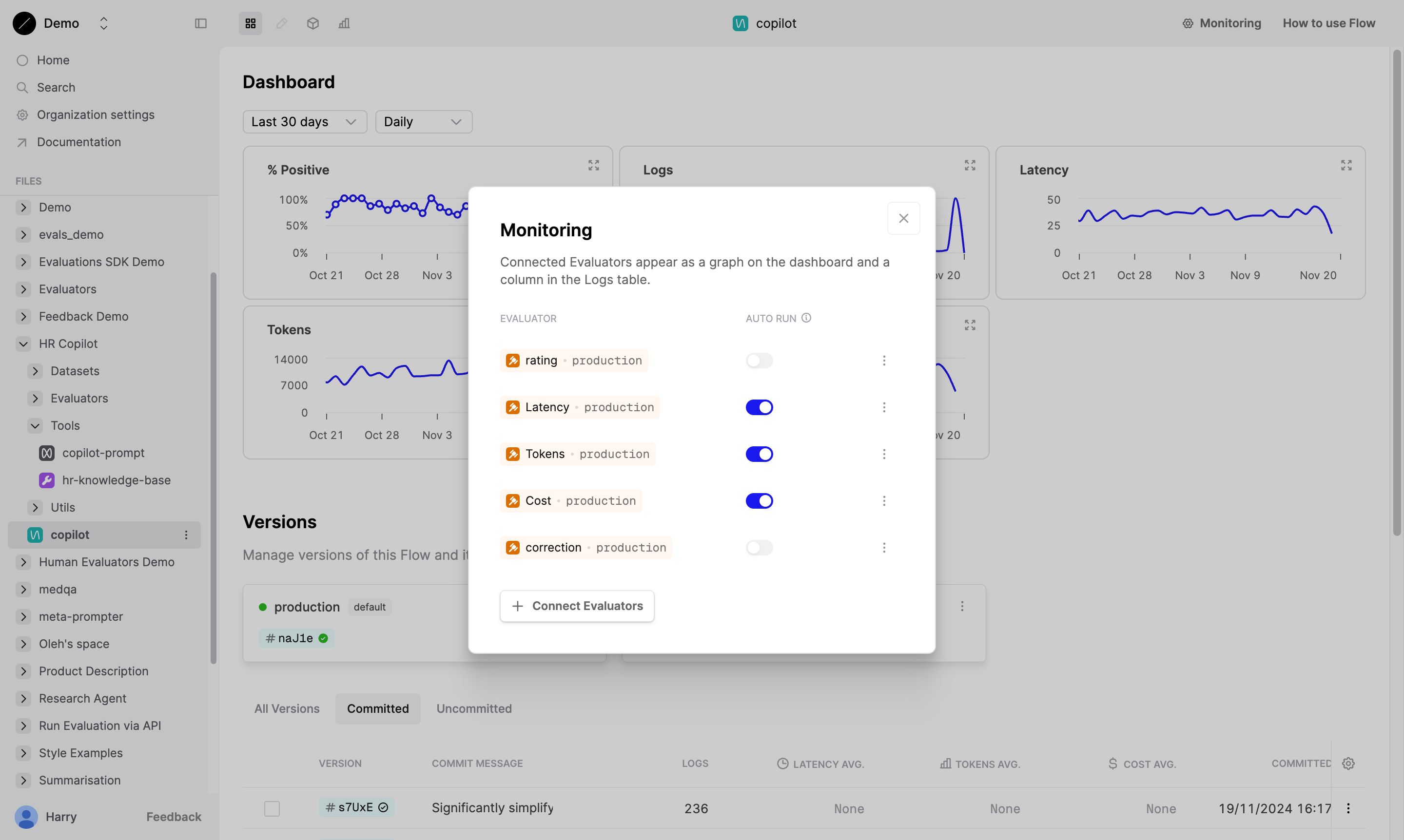 Dashboard showing Monitoring dialog