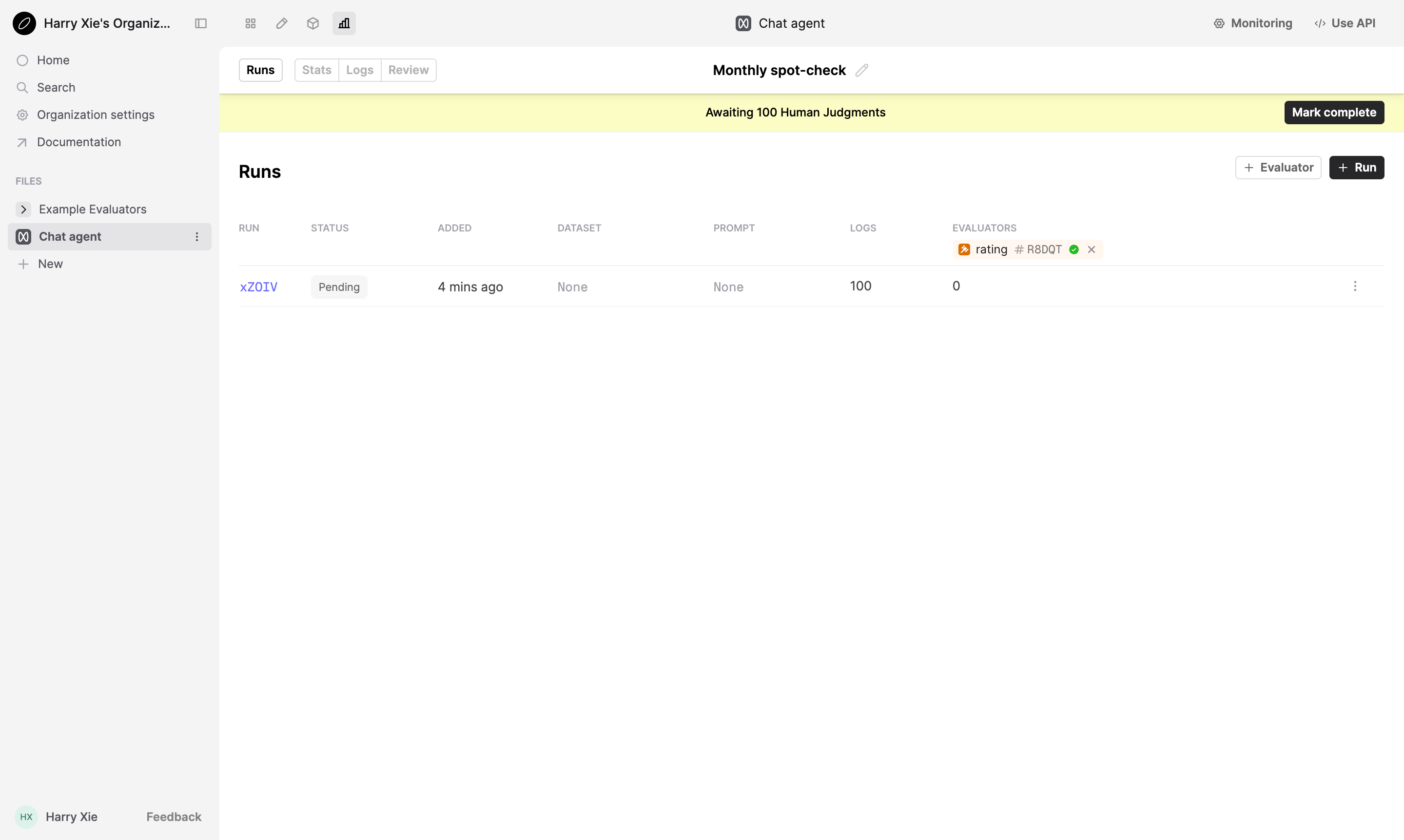Evaluation Run with Logs attached