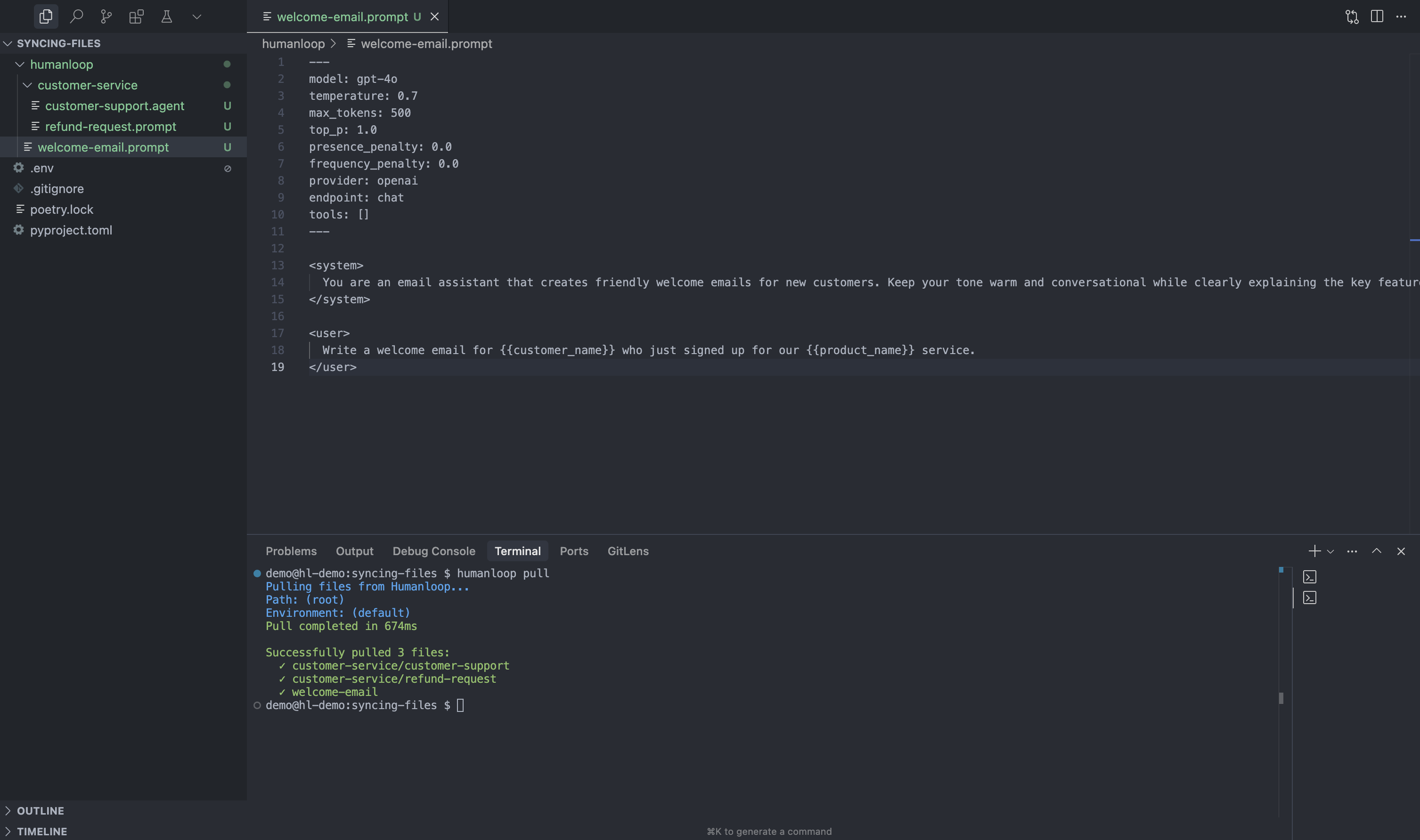 Code editor showing Humanloop .prompt and .agent files stored in local environment