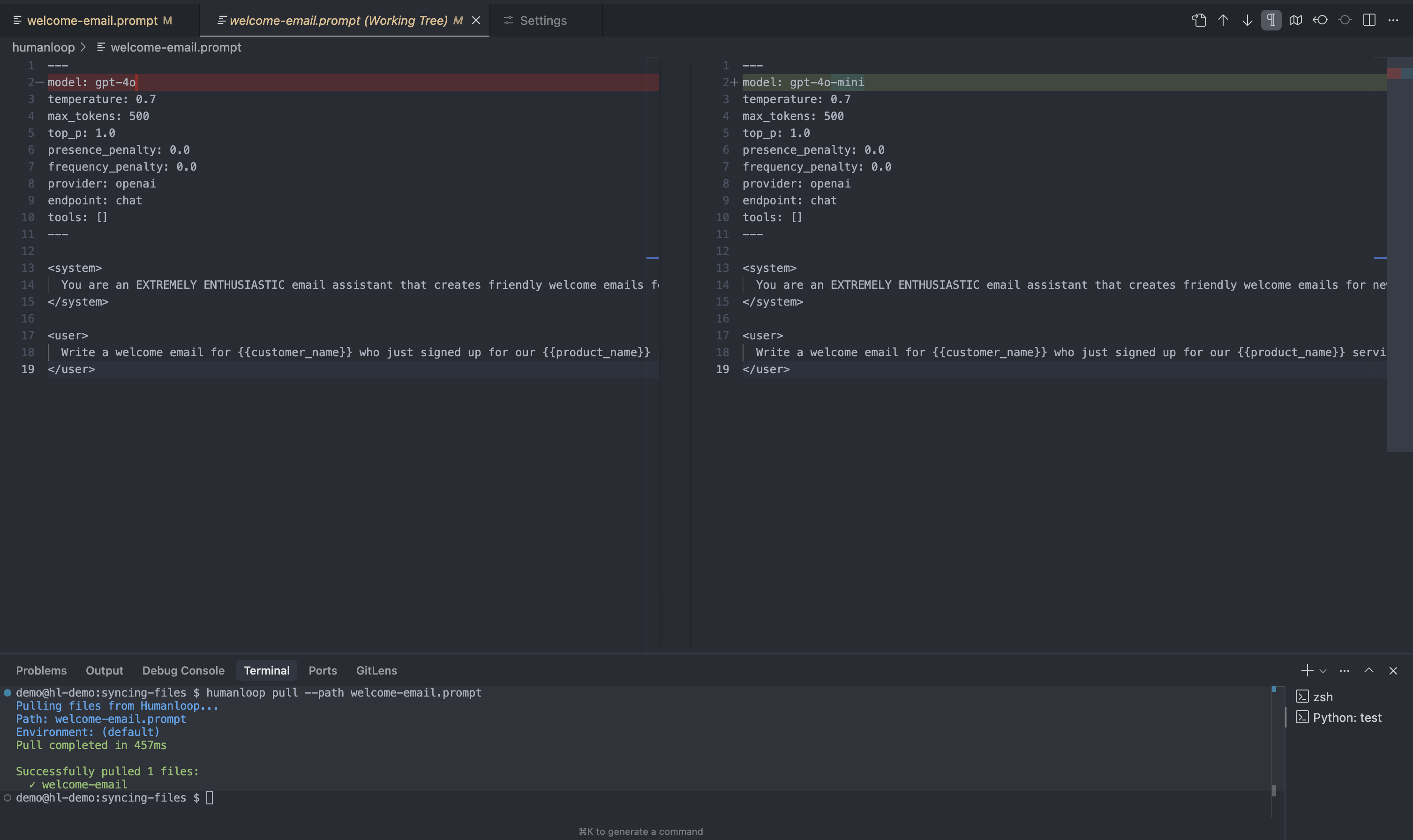 Git diff showing Prompt changes
