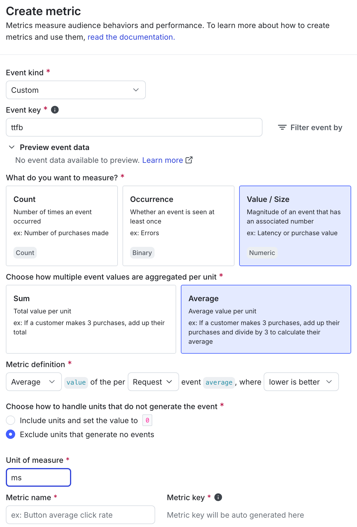 The "Create metric" dialog for a secondary custom numeric metric.