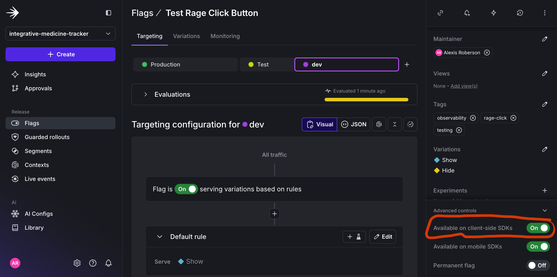 Image of Enabling Target Rage Click Button feature flag in the LaunchDarkly UI.